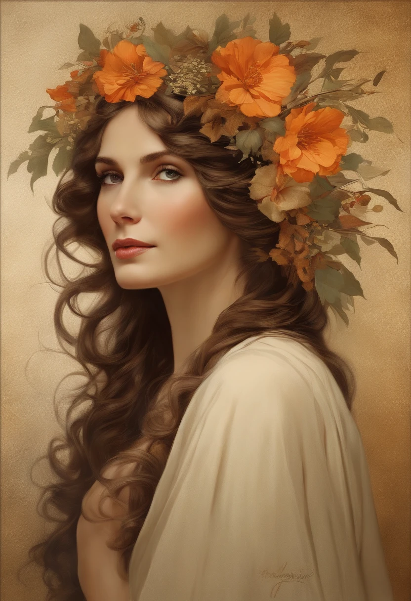 Retrato do rosto da mulher europeia, cabelos longos e cacheados, louro, moldura da flor, painel decorativo, abstract art, Directed by: Alphonse Mucha (master part, extremely high quality, high resolution: 1.4), circunstanciado, detalhes intrincados, 4k, salpicos de cor, arte de linha, Fibonacci, Em Roupas Elegantes
