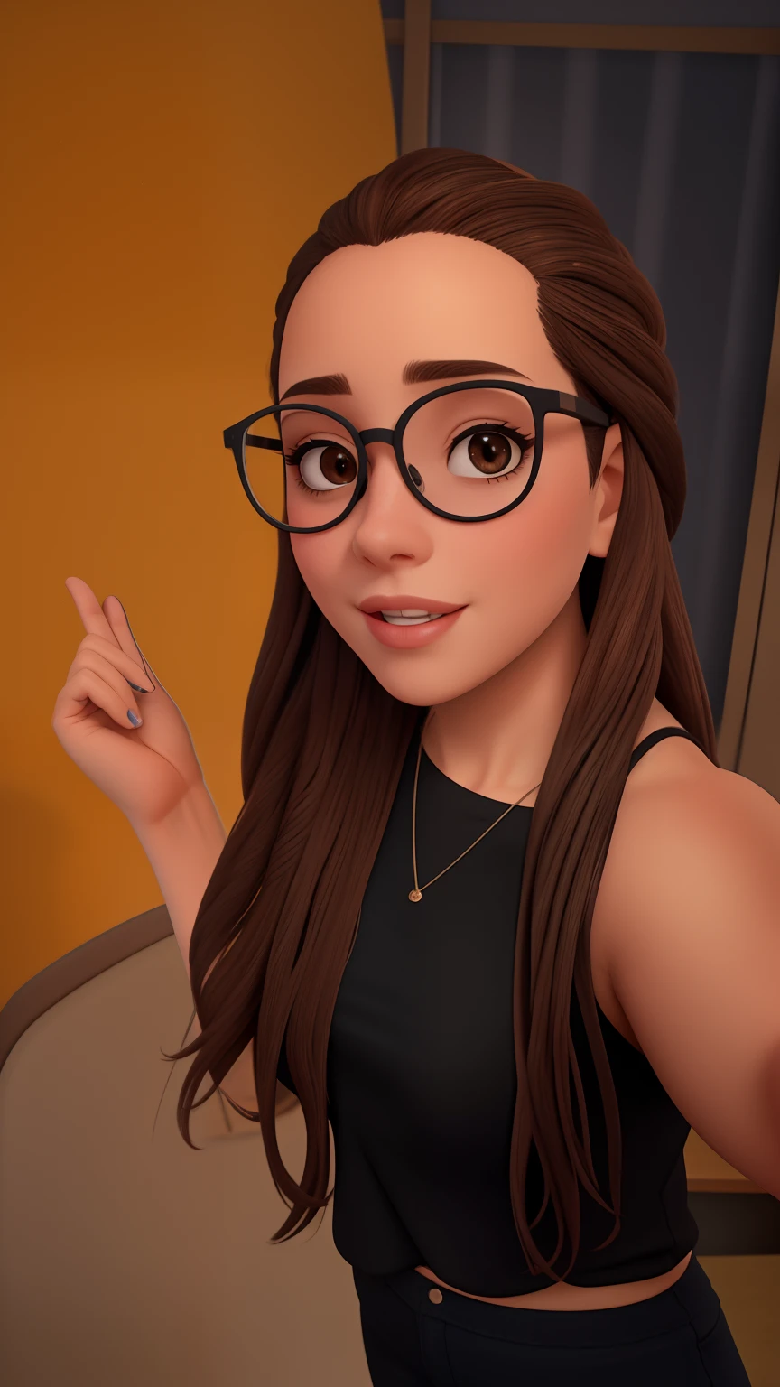 Uma mulher de 37 anos, with long brown hair
with braids , Rosto redondo, sorriso encantador, e aparelho nos dentes, and brown eyes wearing modern and round glasses, In a classroom, studio lighting, sign language interpreter and sign language teacher. She's wearing black clothes, blouse and black jeans