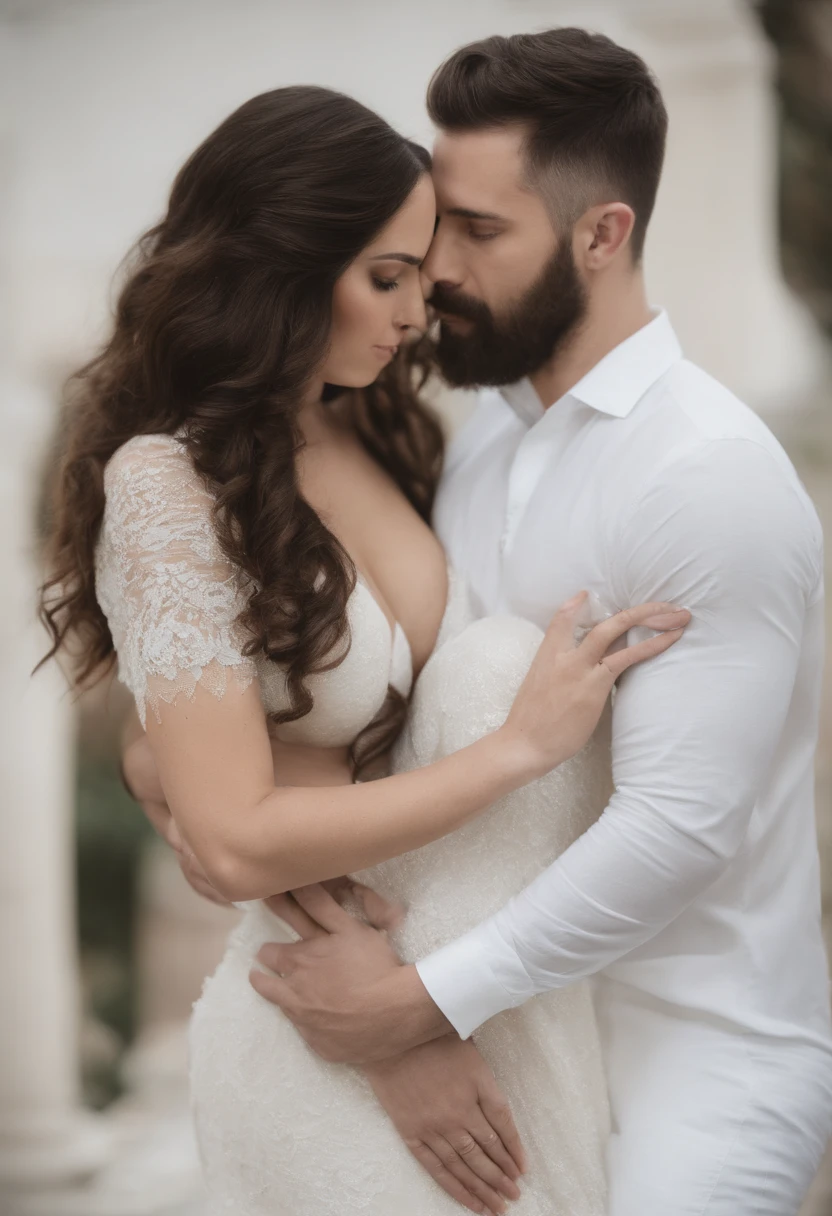 Foto ultrarealista、mulher 40 anos、Teats、(A Dark Hair Sexual Expressions, 、middlebreasts, Confinamento、Dentro da Cidade、Homem bonito deitado de costas、Bearded man grabs woman's breast from behind、mulher inclina-se para a frente olha para o lado)、Gestos passivos、uma imagem、red bows、(obra prima、ultra-detalhada、qualidade realista)