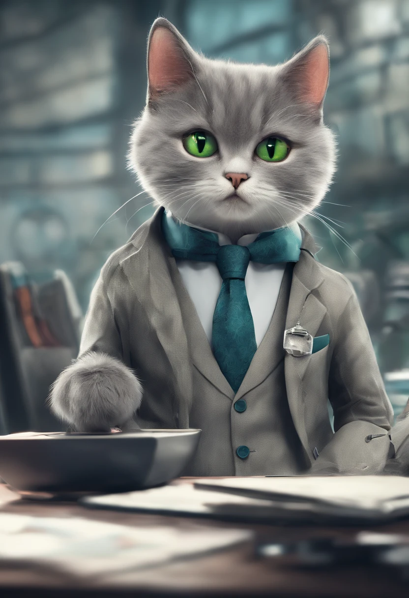 (Little Grey Cat ),(Best poses),(Best Angle), (Best expression), Canon EOS R, Small Fir Green Suit Gillet, blue eyes, cute The doctor is converting his teeth with a pang on his fingertips, and his head tilted slightly to the left.