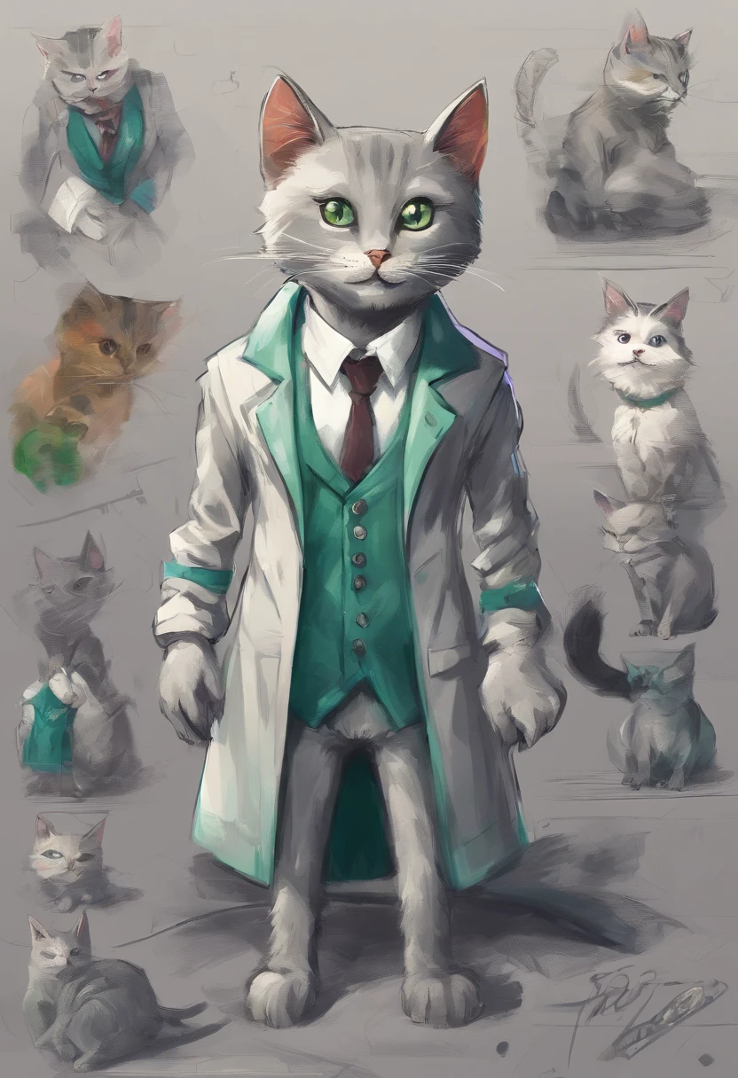 ( Grey Cat ),(Best poses),(Best Angle), (Best expression), Canon EOS R, Small Fir Green Suit Gillet, blue eyes, cute The doctor is converting his teeth with a pang on his fingertips, and his head tilted slightly to the left.