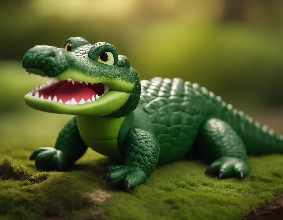 Cute stuffed alligator, dark green, with light green belly, round eyes, happy smile, pixar, 3D.
