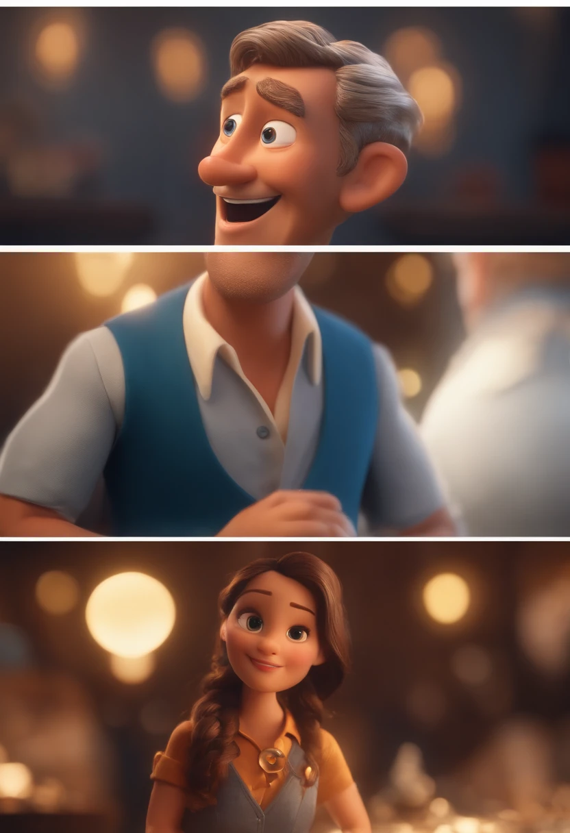 Garoto, estilo disney, tom de pele: claro: Cabelo: marrom escuro, liso, curto, penteado para o lado direito. camisa: social, Cor azul. Fundo: Gray and white gradient,Comemorando, Hands raised, sorrindo, feliz, (estilo pixar) (obra-prima:1.2) (bokeh) (melhor qualidade) (pele detalhada) (textura detalhada) (8k) (claymation) (cinematic lighthing) (foco nítido