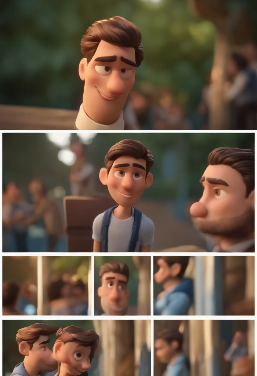 Garoto, estilo disney, tom de pele: claro: Cabelo: marrom escuro, liso, curto, penteado para o lado direito. camisa: social, Cor azul. Fundo: Gray and white gradient,Comemorando, Hands raised, sorrindo, feliz, (estilo pixar) (obra-prima:1.2) (bokeh) (melhor qualidade) (pele detalhada) (textura detalhada) (8k) (claymation) (cinematic lighthing) (foco nítido