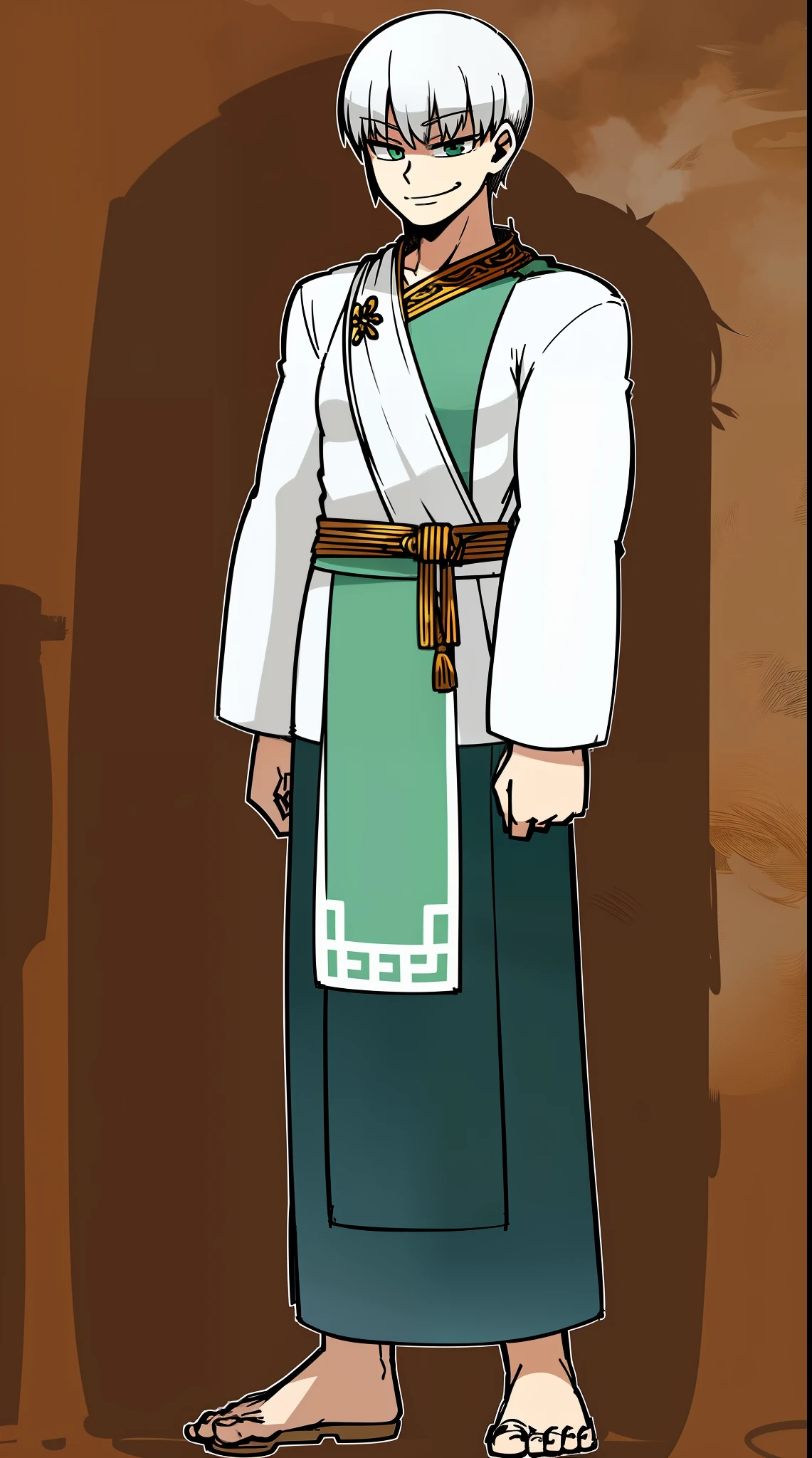 tunic, white hair , oldman, short hair, tunic, muscular, tall, smug, smile, mature male, old face