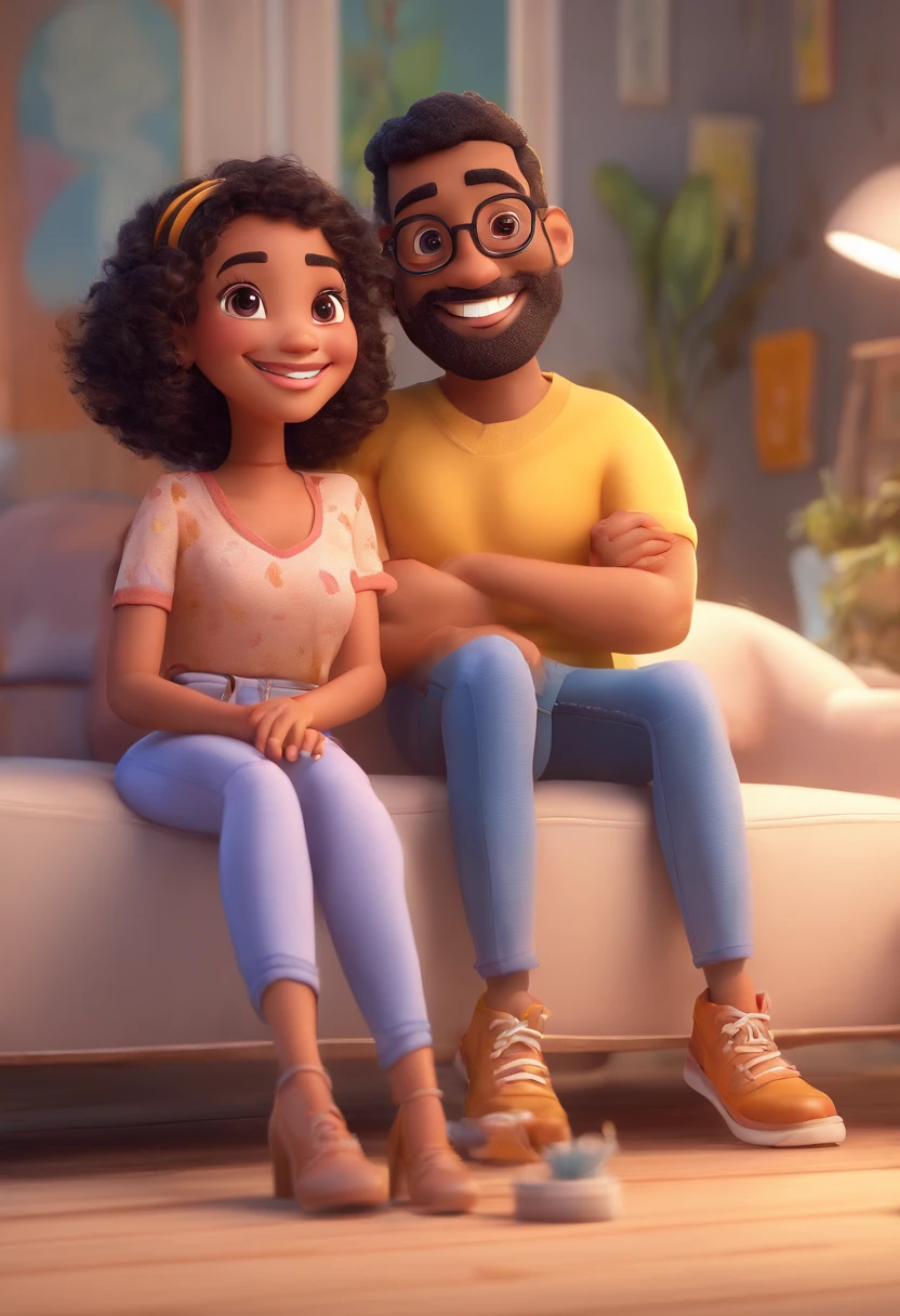 An illustration of an adorable couple, Highlight for a chubby mulatto man with glasses smiling and a brunette woman with beautiful expressive eyes - the man's skin is mulatto and the man's hair haswhile the woman's skin is black and the woman's hair is straight and brown. They are a bright room, cada um com um sorriso no rosto, e compartilhar um momento especial caracterizado pelo amor, Insights. Illustrate this scene from a perspective where they are facing the camera, Smiling and Showing Your Connection. Desenvolva esta arte em Full HD, Focus on your cinematic touch, Estilo Disney Pixar Animations
