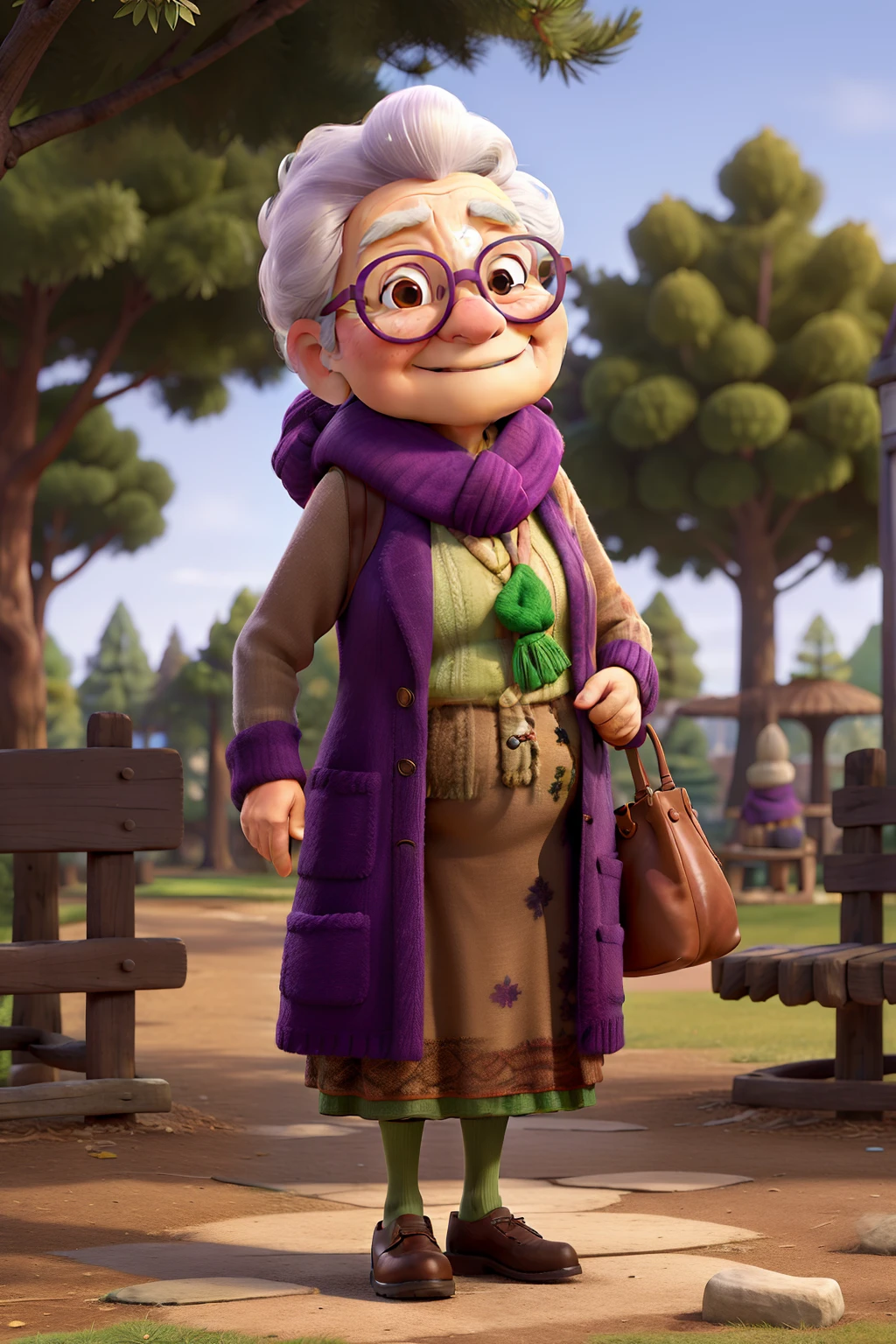 masterpiece, best quality, an old woman with glasses and a scarf on, wearing a purple coat and green scarf, standing at the park