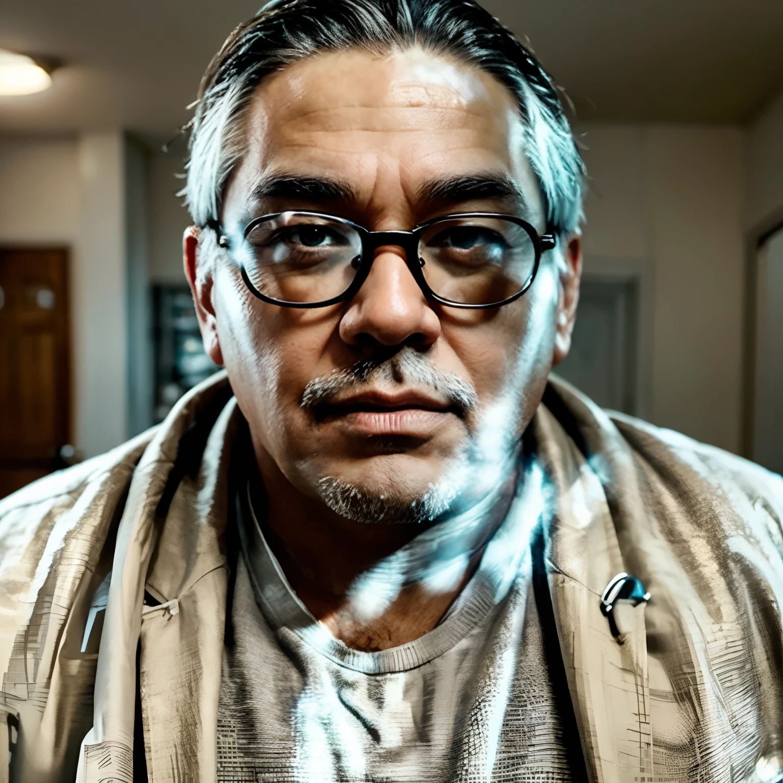 (best quality,ultra-detailed,realistic:1.37),tall man,tan skin,dark brown eyes,gray hair,round glasses,a bit overweight,round face,doctor,wearing a white coat,clean-shaven