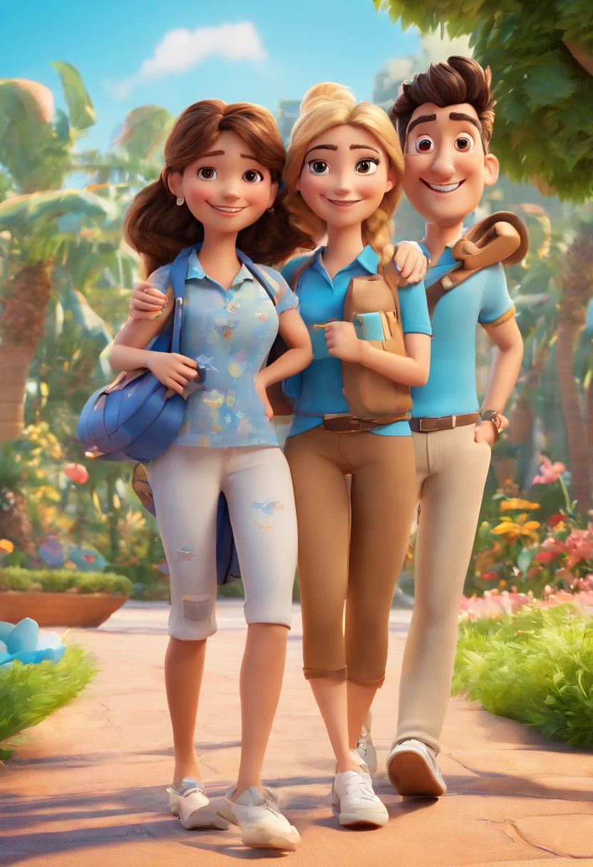 Cartoon of friends having fun on vacation together,  3D Animation Movie Poster, Poster de filme animado, pixar 3 d animation style, pixar renderman rendering, maia 8 mil, animated film, Disney Pixar Estilo 3D, amigos felizes saem juntos, all wearing light blue shirts and cream brown long pants, camisa azul clara, cream brown pants, ao ar livre, vacation, Disney Pixar animation poster in Vila Velha park