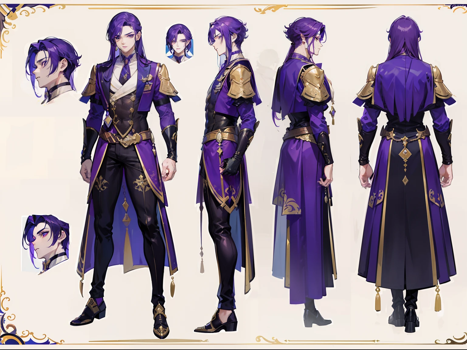 ((Masterpiece, Highest quality)), Male, boy, Detailed face, character design sheet，full body esbian, Full of details, frontal body view, back body view, Highly detailed, Depth, Many parts, Muscle boy with long purple hair，handsome man,  vampire outfit clothes, Genshin Impact, man tall, pectoral muscles, abs