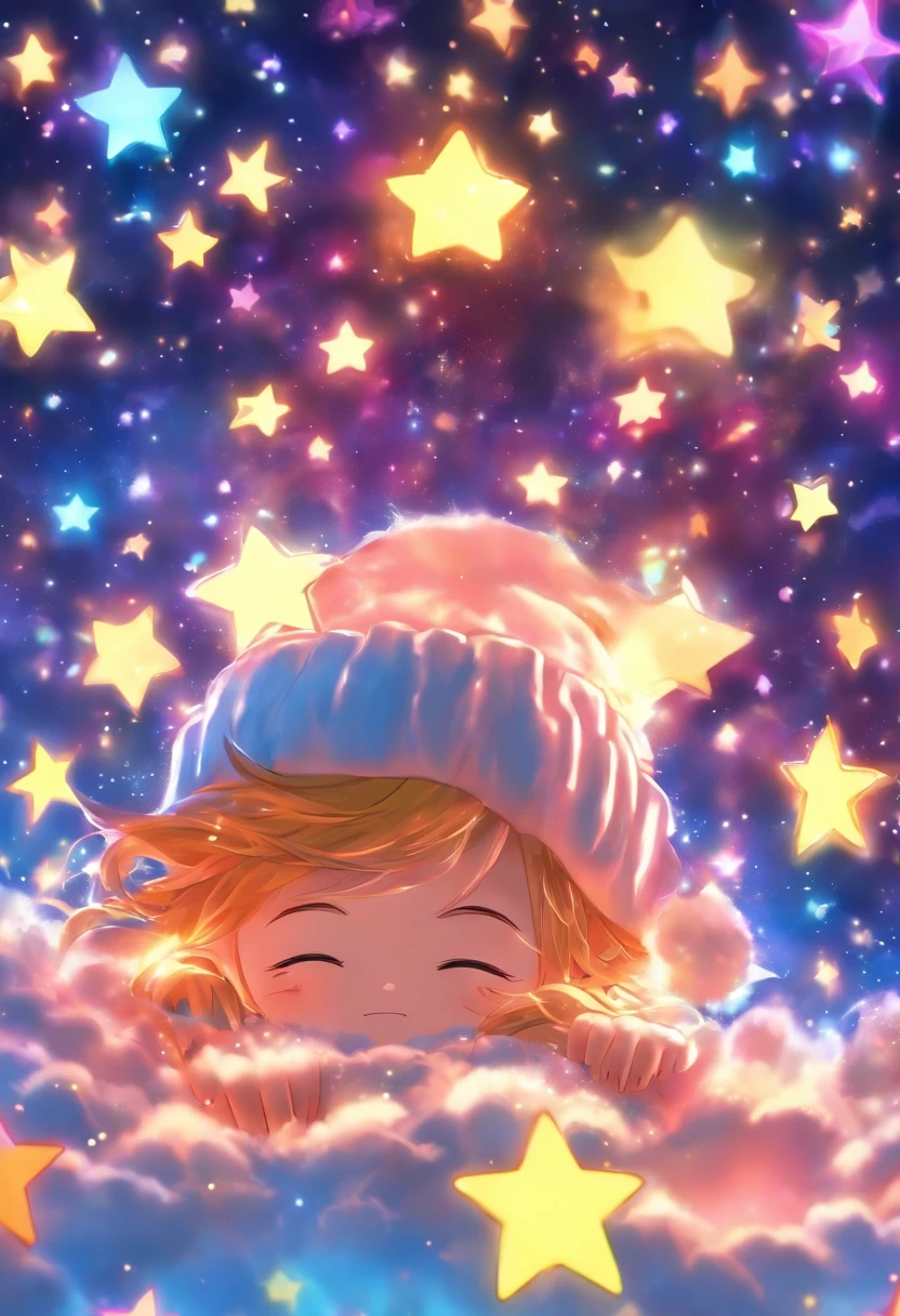 Desenhar uma estrela com sono，com gorro de dormir, em uma nuvem