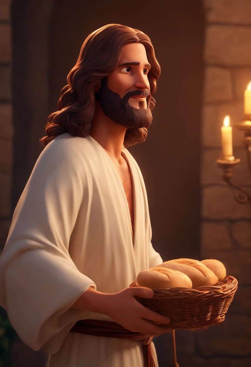 a happy Jesus Christ holding wine and bread in his hand, Pixar style, ..3d, desenhos animados, rosto detalhado, asymmetrical 16k