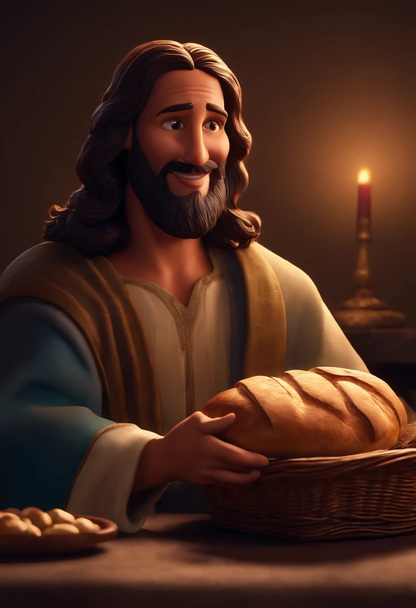 a happy Jesus Christ holding wine and bread in his hand, Pixar style, ..3d, desenhos animados, rosto detalhado, asymmetrical 16k