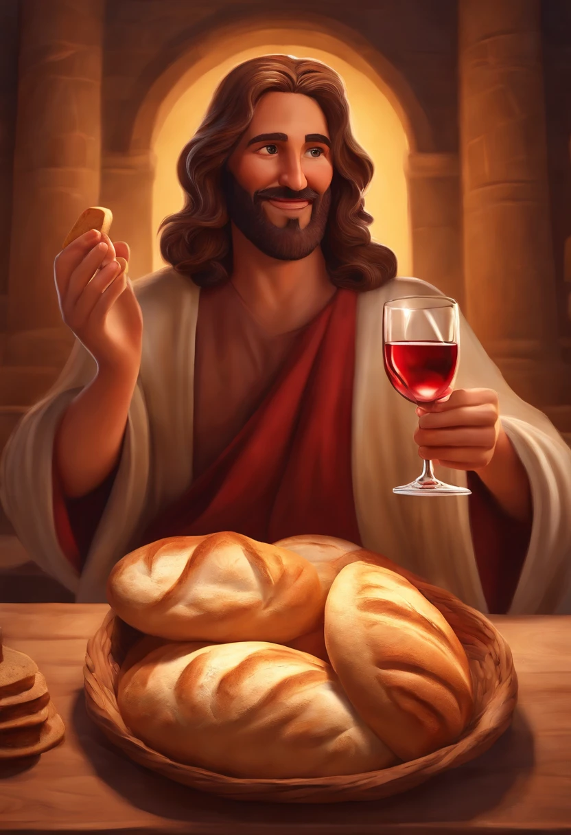 a happy Jesus Christ holding wine and bread in his hand, Pixar style, ..3d, desenhos animados, rosto detalhado, asymmetrical 16k