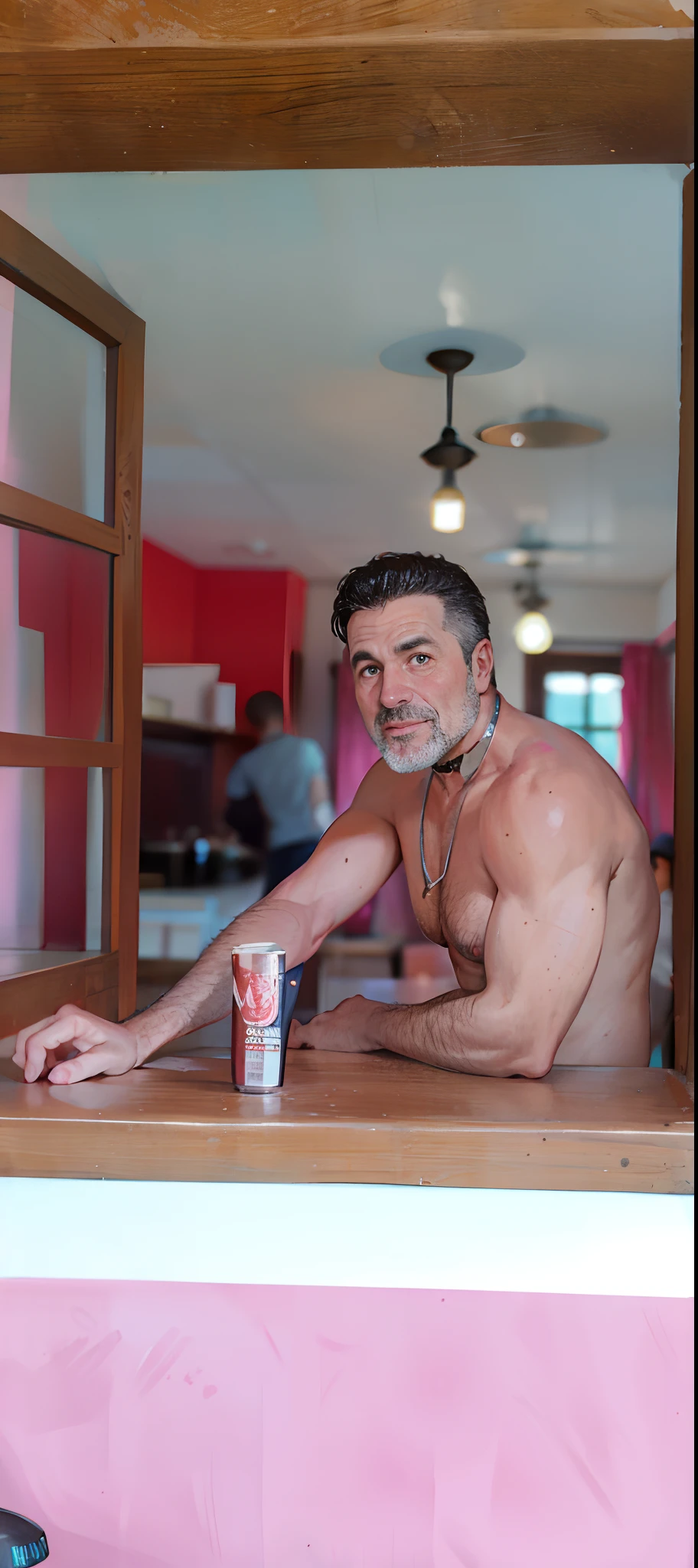 There's a man who's sitting at a window with a beer, pegando seus tacos e bebida), Homem na casa dos 40 s, Homem magro com pele bronzeada clara, at the counter, Homem de 4 0 anobeautiful man, foto de um homem, homem bebendo cerveja, portrait of an alcoholic, ele tem cerca de 50 anos, gem retrato