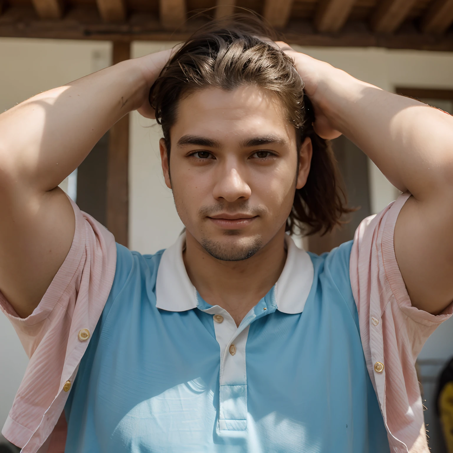 homem bonito gordinho de cavanhaque, cabelos e olhos castanhos, camisa polo