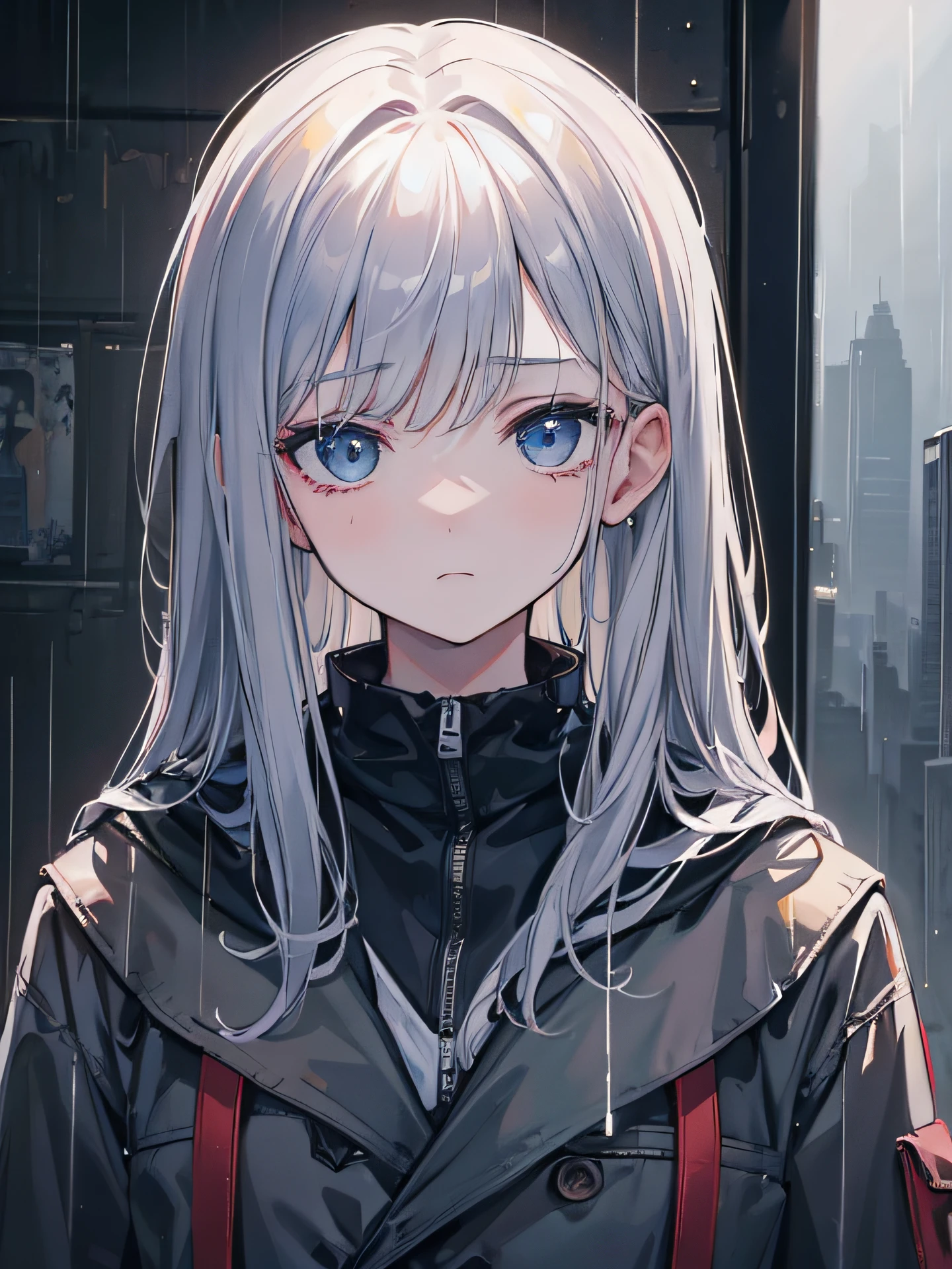 (masterpiece), best quality, perfect face, staring face, sadness eyes looking, rainy + fog, dead city, post apocalypse