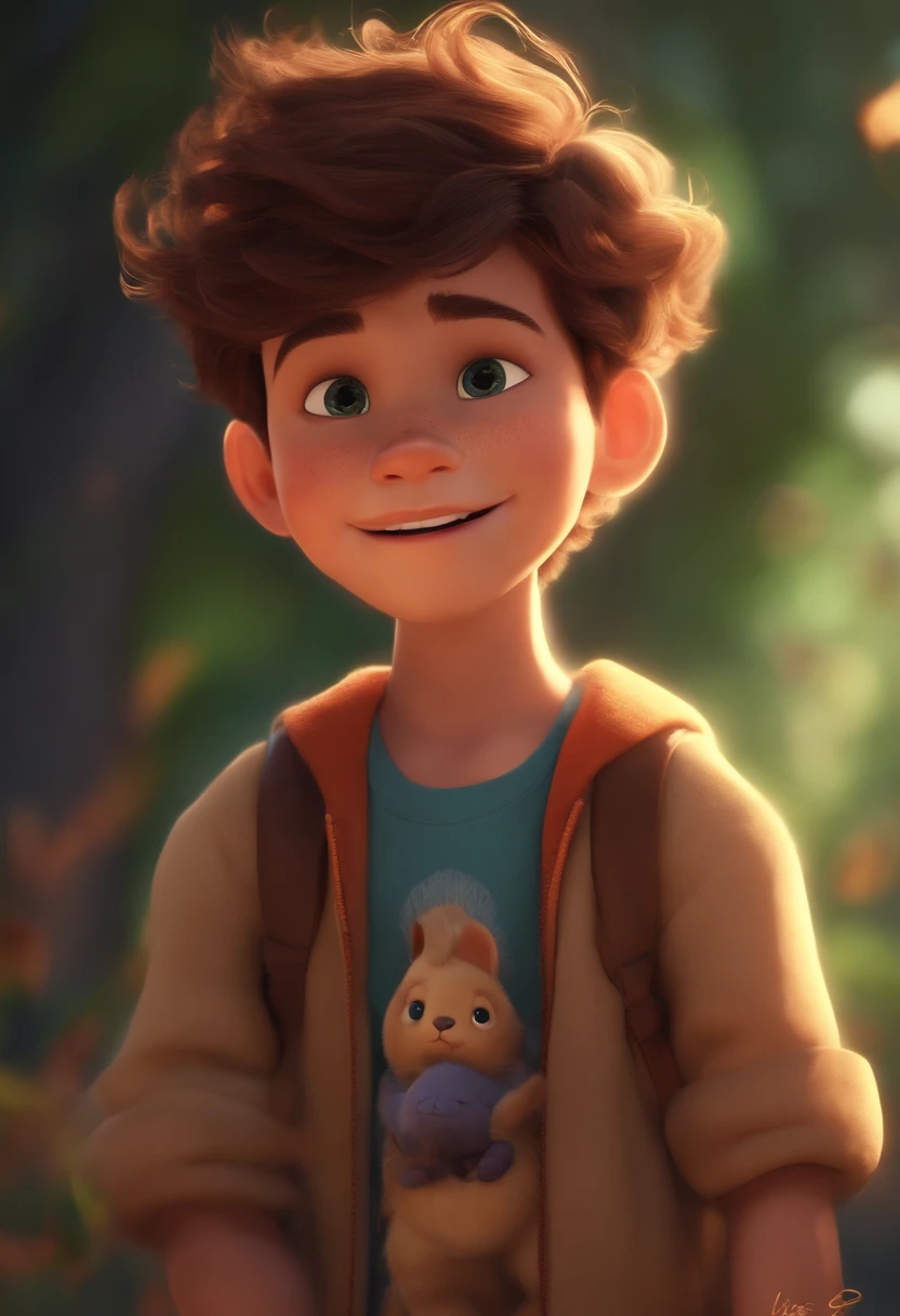 Image of a boy for a story in a YouTube video in Pixar format, He's the  allabester, He's the class leader, He's outgoing, Playful and gets up for a lot of things, cabelo curto