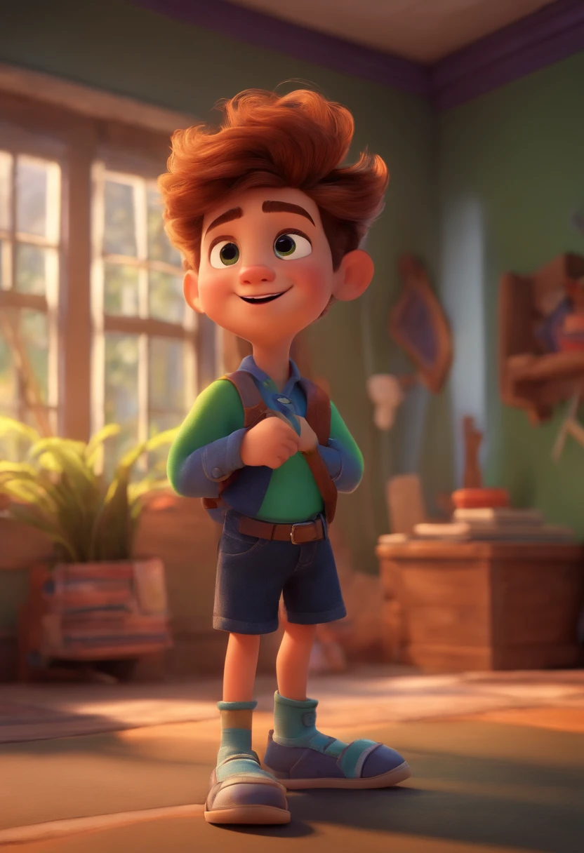 Image of a boy for a story in a YouTube video in Pixar format, He's the allabester, He's the class leader, He's outgoing, Playful and gets up for a lot of things, cabelo curto