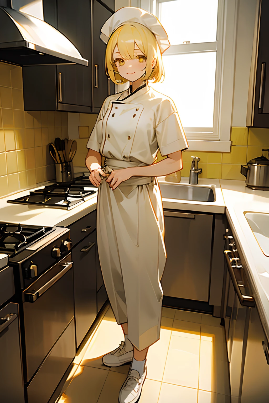 White anime girl, short, yellow straight hair, yellow eyes, tall chef hat, white long cook chef clothing, white pants, white shoes, smiling face, looking to the viewer, inside a kitchen.