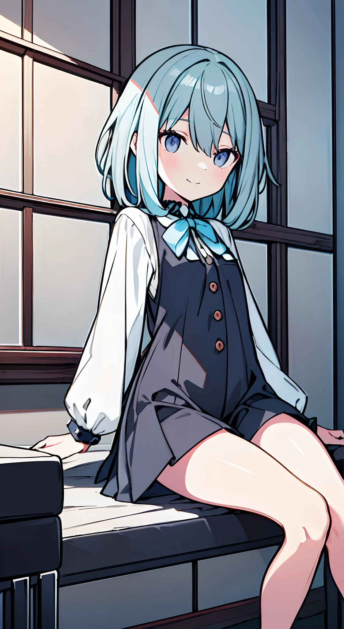 masuter piece, Best Quality,32K、Wallpaper, ultra -detail, Absurd beauty, 1beautiful girl、Big crisp eyes、Slender legs、Make your head smaller、miscievous smile、Angle looking up from below:1.5、♡♡♡、(Poses in motion)、thighs thighs thighs thighs、Medium short hair、inside in room