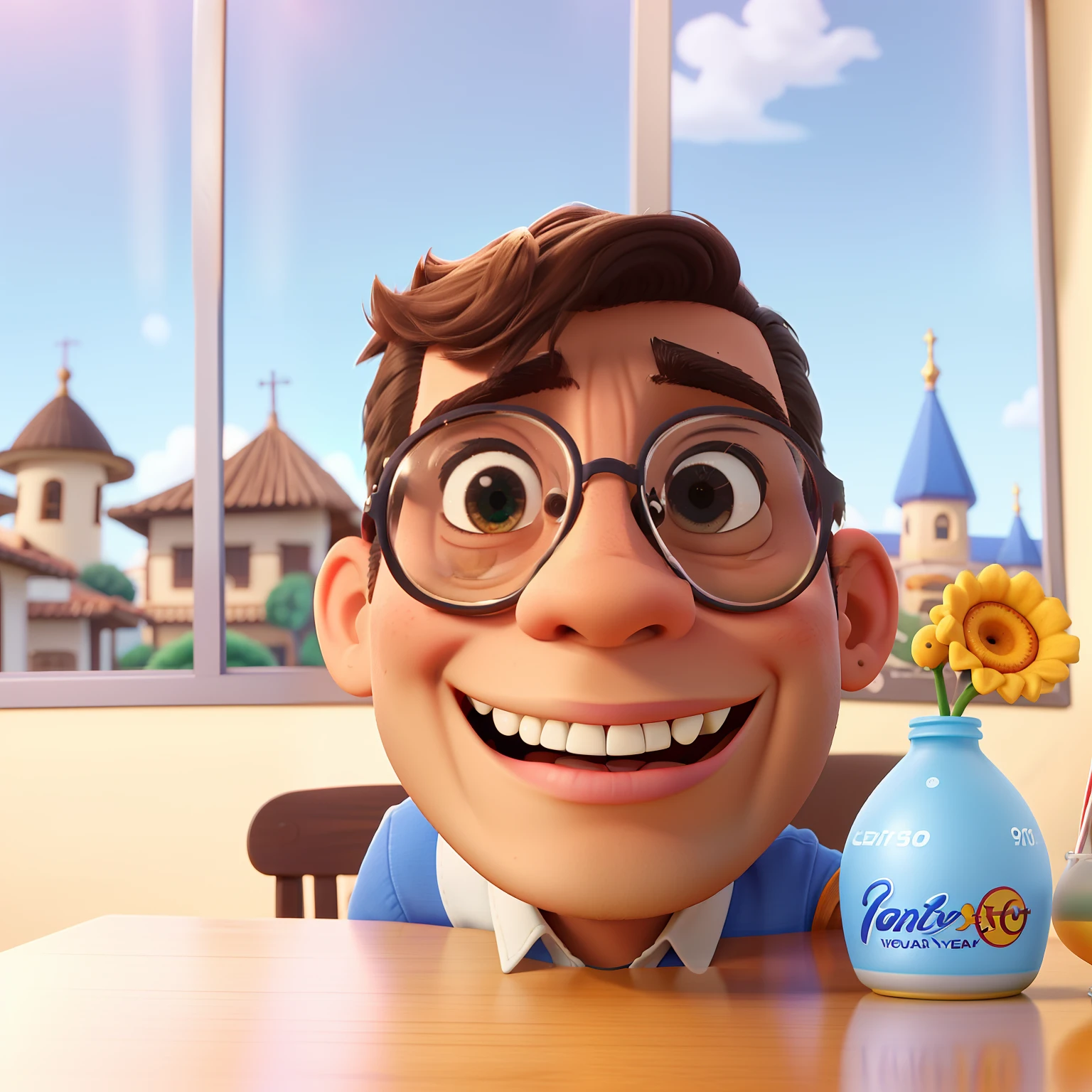 Poster no estilo Disney pixar, alta qualidade, melhor qualidade, ****** moreno, *******, cabelo grisalho, Using Retro Round Prescription Glasses Frame, musculoso, sorriso lindo e alinhado, com fundo em um restaurante a luz de velas