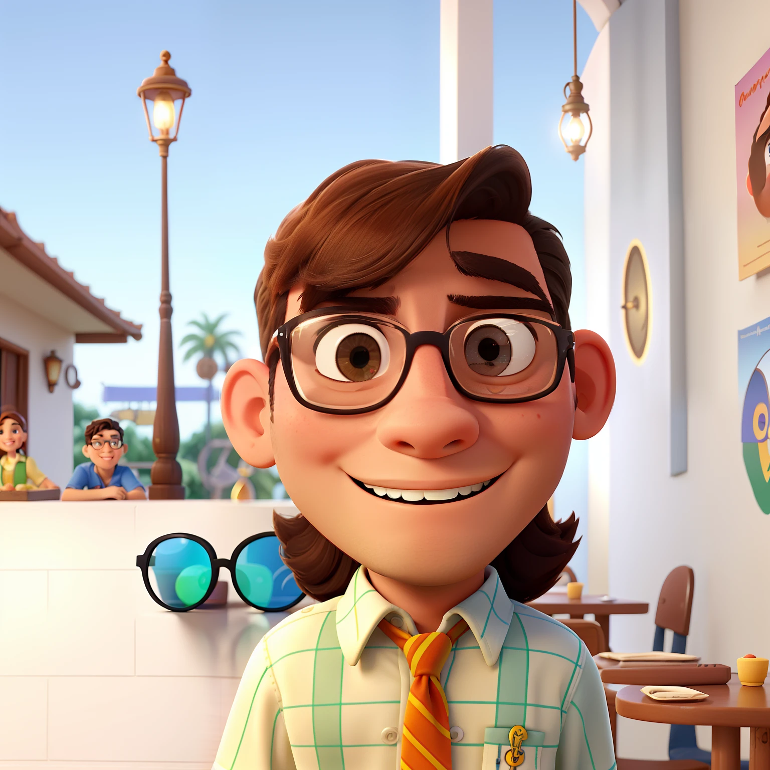 Poster no estilo Disney pixar, alta qualidade, melhor qualidade, menino moreno, 16 anos, cabelo grisalho, Using Retro Round Prescription Glasses Frame, musculoso, sorriso lindo e alinhado, com fundo em um restaurante a luz de velas