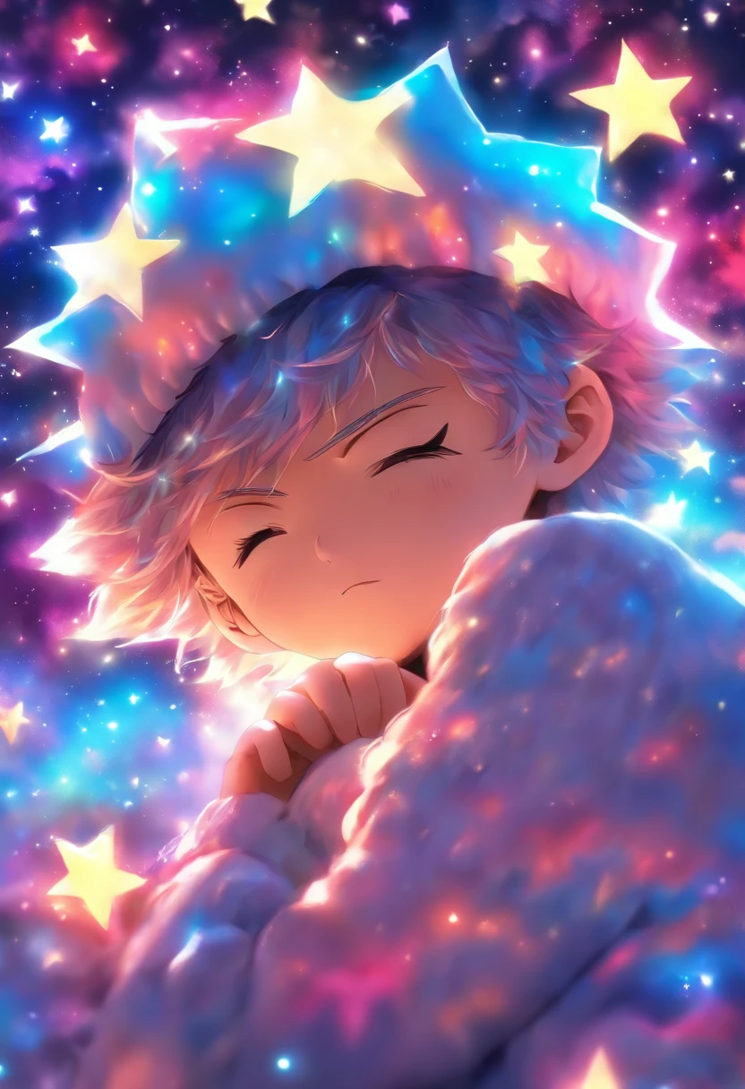 Desenhar um menino estrela com sono,com gorro de dormir, em uma nuvem