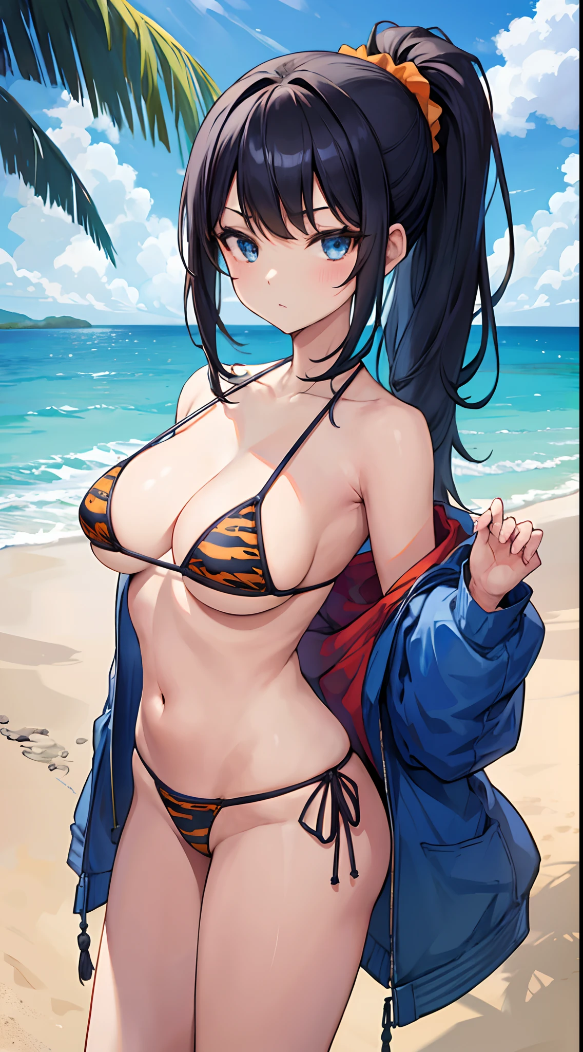 masterpiece, best quality, highres, rikka2, 1girl, takarada rikka, black hair, blue eyes, solo, layered bikini, ponytail, side-tie bikini bottom, black bikini, orange scrunchie, navel, breasts, long hair, mismatched bikini, animal print, medium breasts, bangs, cowboy shot, beach