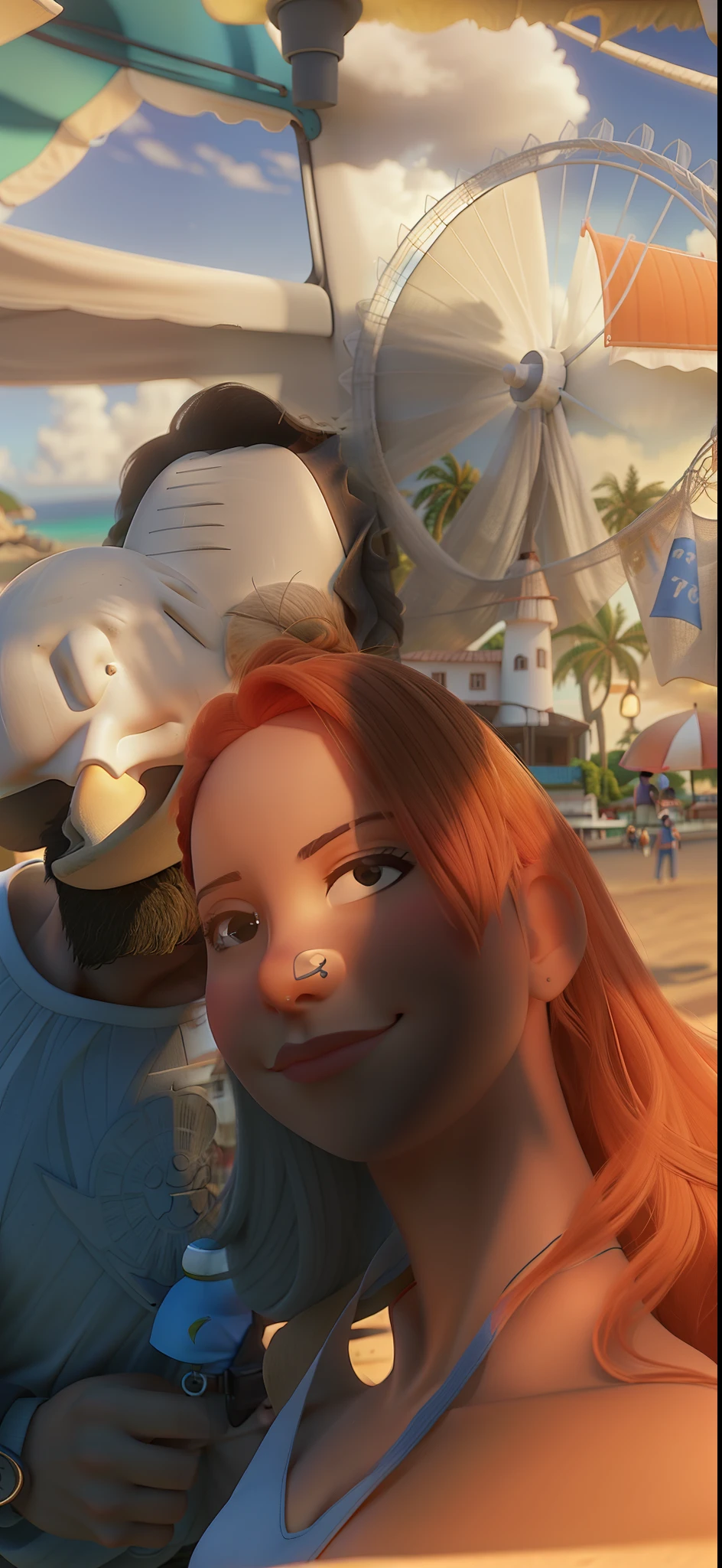 Brunette woman on the beach in bikini, cabelos cacheados, estilo Disney Pixar, melhor qualidade, alta qualidade.
