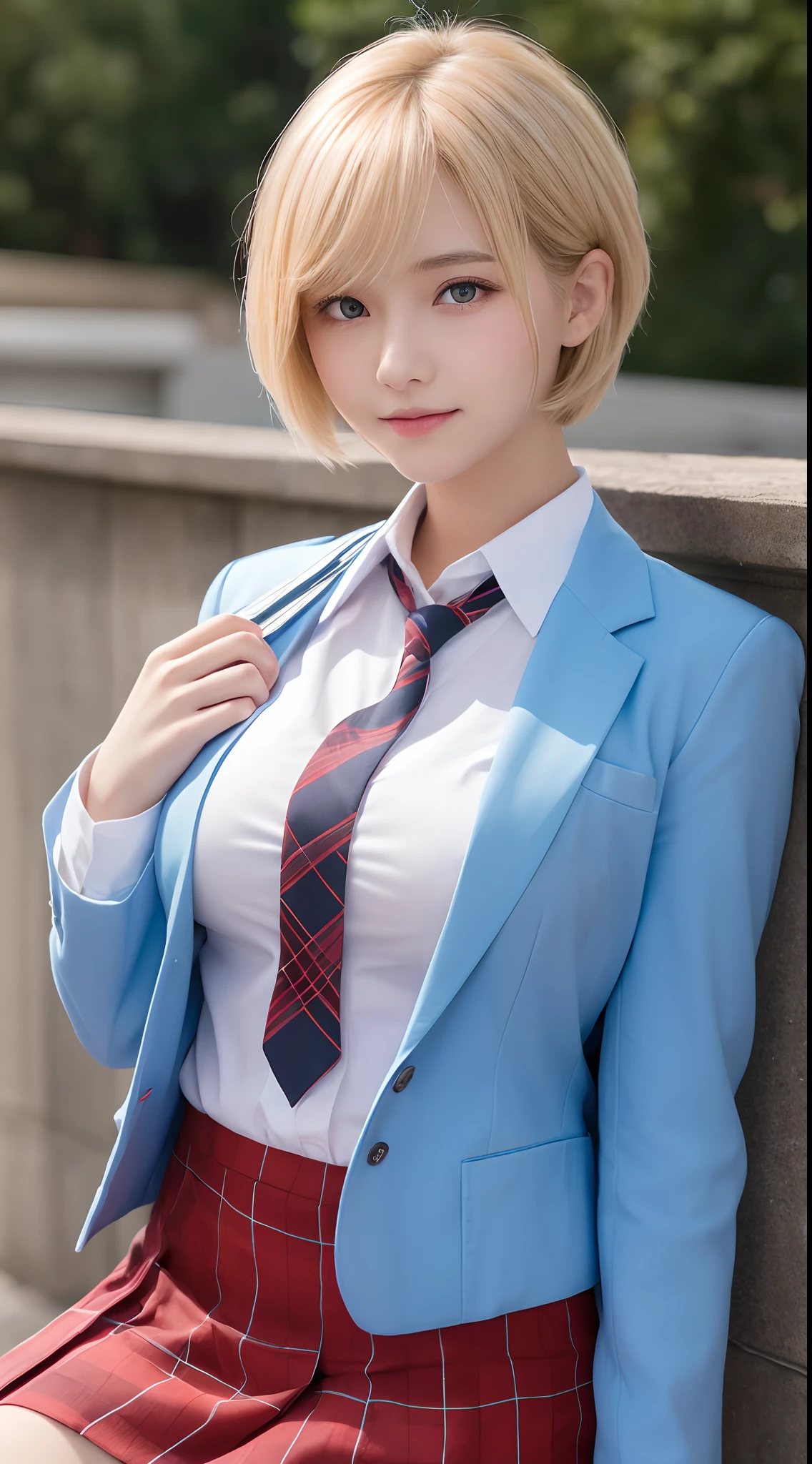 masutepiece、Best Quality、 ultra-detailliert、hight resolution、8K Wallpapers、Perfect dynamic composition,、Beautiful detailed eyes、(Beautiful breasts:1.1) 、Blue Blazer、white shirt、red necktie、1girl in、a beauty girl、Blonde head hair、short-cut、Hide your left eye with long bangs、red eyes、Red eyes