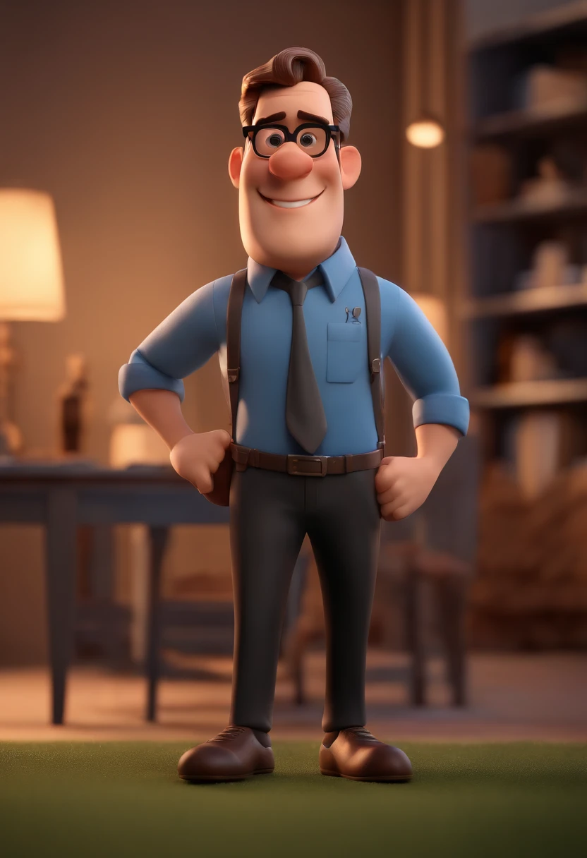 Cartoon character of a man wearing black glasses and a blue shirt, um personagem animado, Caractere estilizado, animation style rendering, 3D estilizado, Arnold Maya render, 3 d render stylized, toon render keyshot, Personagem 3D, Personagem 3D, 3d rendering stylized, 3 d character render, personagem de desenho animado, Personagem de close up, Pose de personagem, (Estilo Pixar) (master part:1.2) (Bokeh) (best quality) (pele detalhada) (textura detalhada) (8k) (argila) (Cinematic lighting) (foco nítido,Senta e vaza a parte superior do corpo
