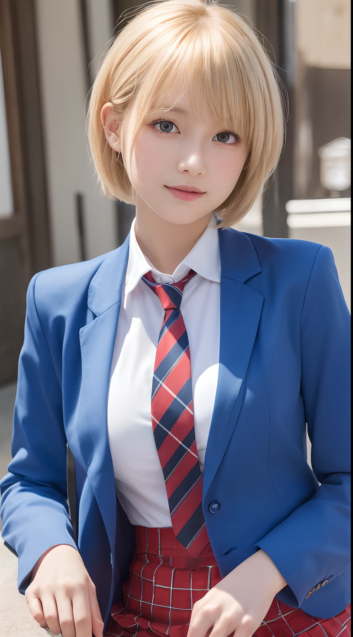masutepiece,Best Quality,Ultra-detailed,finely detail,hight resolution,in 8K,((Photorealsitic:1.4,Raw photography,超A high resolution,Top image quality:1.4)),masutepiece、Best Quality、 ultra-detailliert、hight resolution、8K Wallpapers、Perfect dynamic composition,、Beautiful detailed eyes、(Beautiful breasts:1.1) 、Blue Blazer、student clothes、white  shirt、red necktie、Plaid brown skirt、1girl in、a beauty girl、High school students、Blonde head hair、(a blond)short-cut、short-hair、Hide your left eye with hair、Red Eyes、ssmile