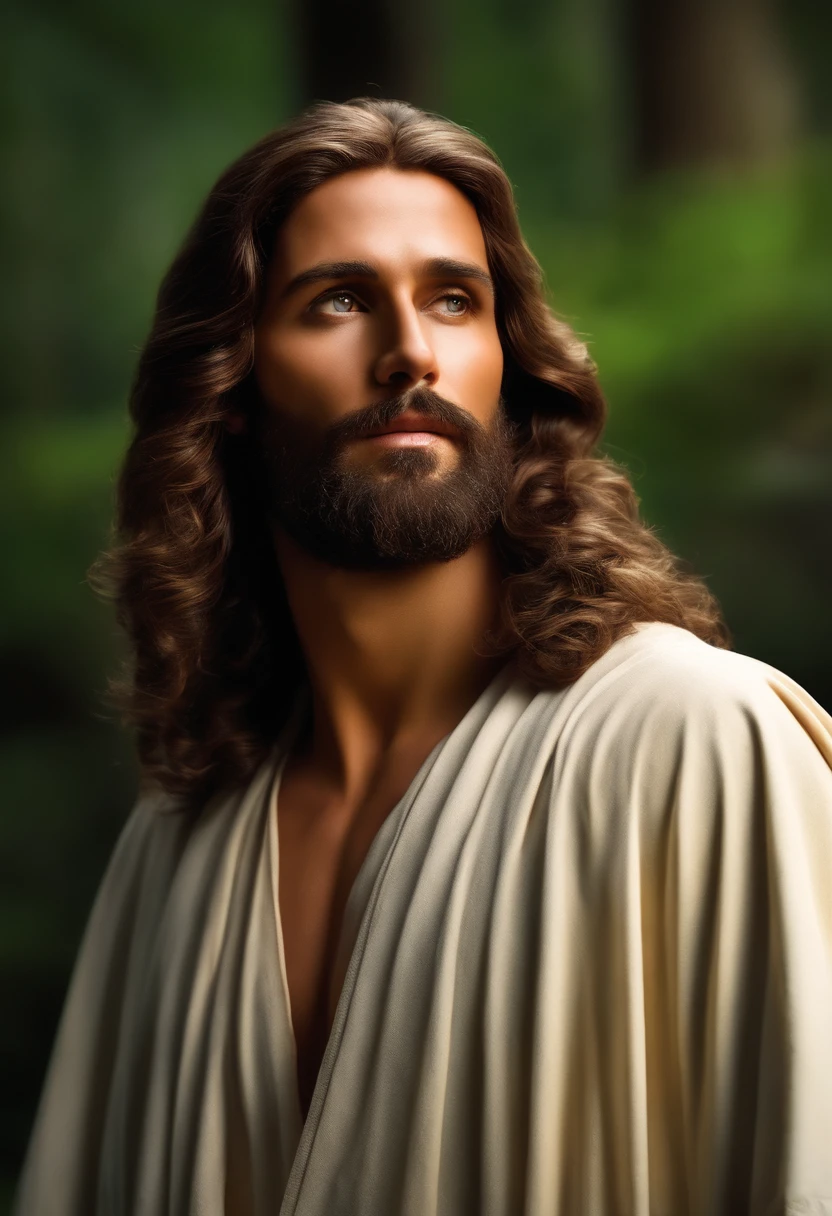 jesus cristo,floresta,paisagem iluminada, manto vermemlho ,barba ,ultra realista ,imagem real hd,alta qualidade,corpo inteiro , coroa de espinhos ,mostrando corpo inteiro,manto