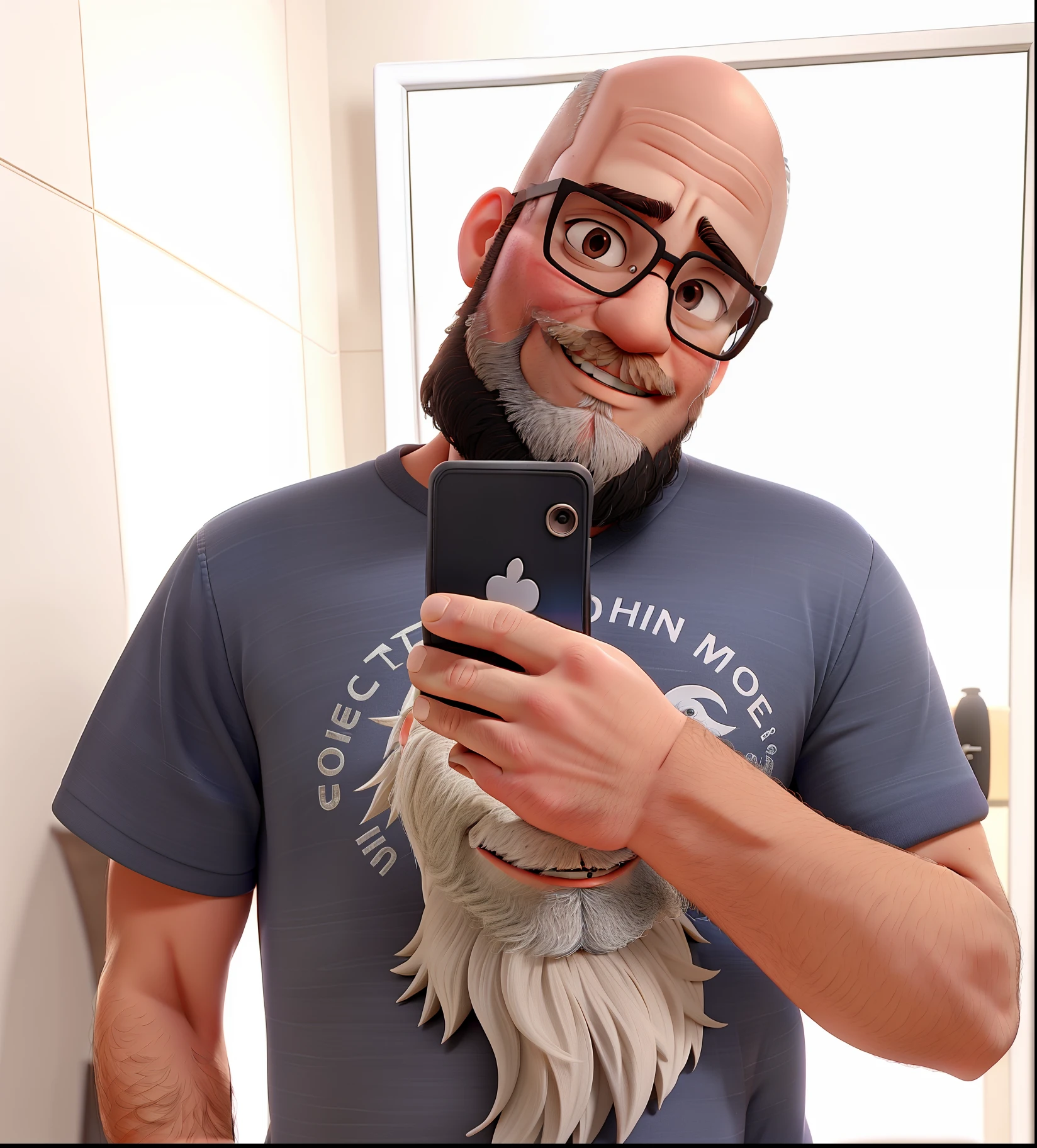 A bearded bald man with glasses taking a picture in front of the mirror