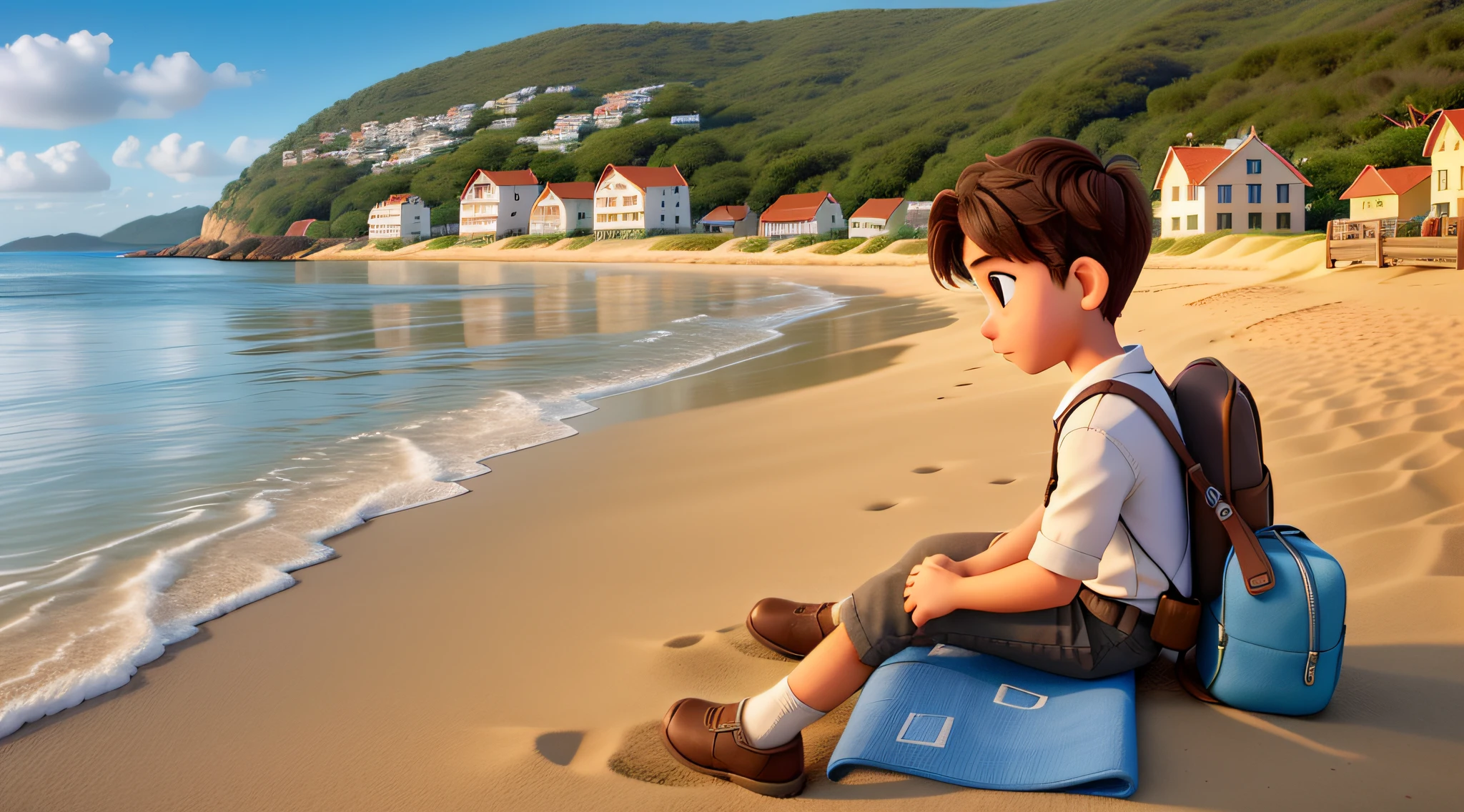 a small town by the sea, and a boy sitting on the sea sand, looking straight ahead