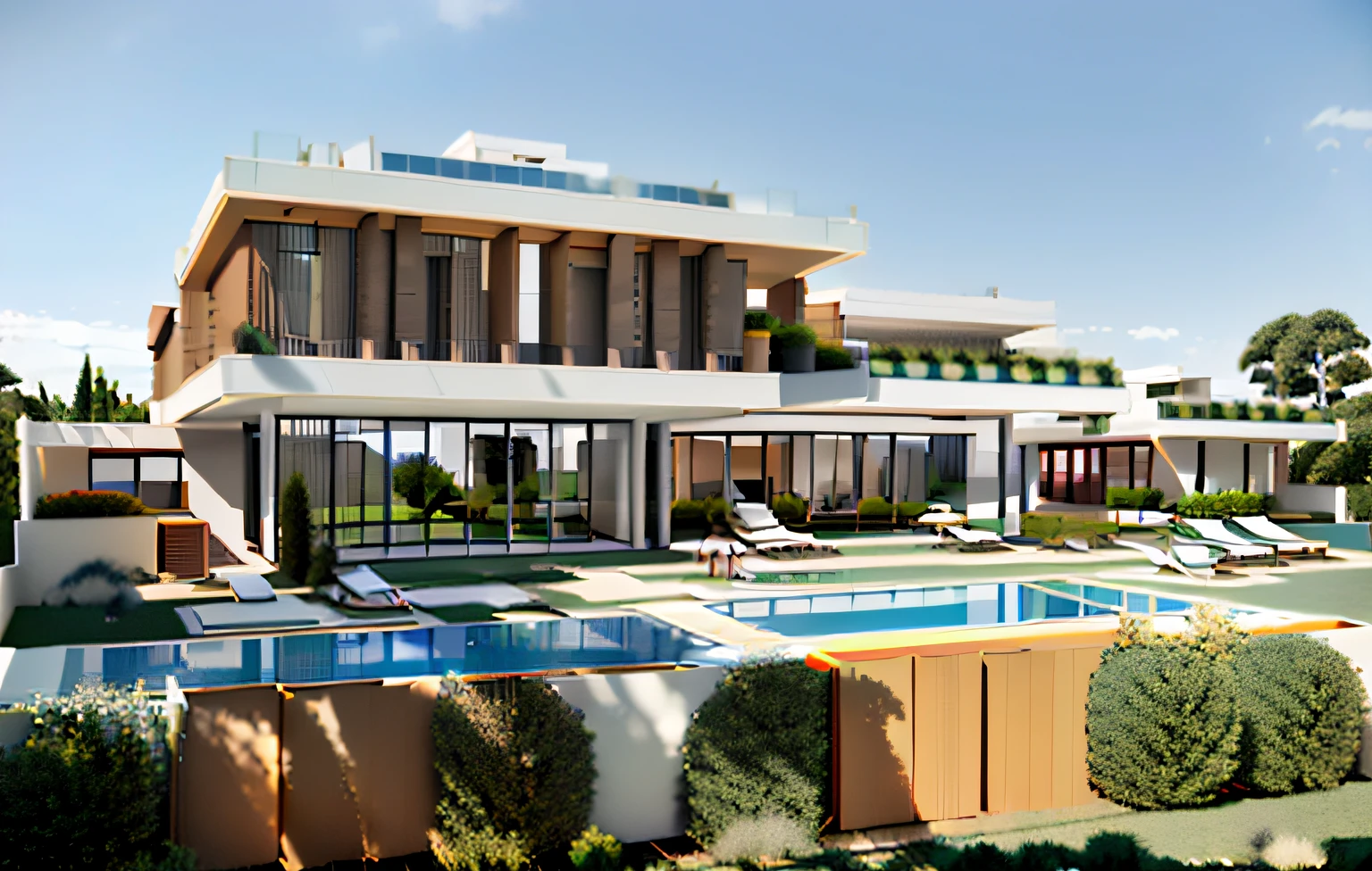 A MODERN VILLA PROJECT, IN THE STYLE OF Le Corbusier, THE PROJECT HAS A SWIMMING POOL AND GARDEN ON THE CAMPUS, THE EXTERIOR OF THE PROJECT HAS GREEN TREES, THE INSIDE OF THE HOUSE HAS BASIC FURNITURE, THE PROJECT HAS COLOR TONE ORANGE YELLOW IS THE MAIN, minimalist building style, clear blue sky and cloudy sky, wooden building cover for sun protection