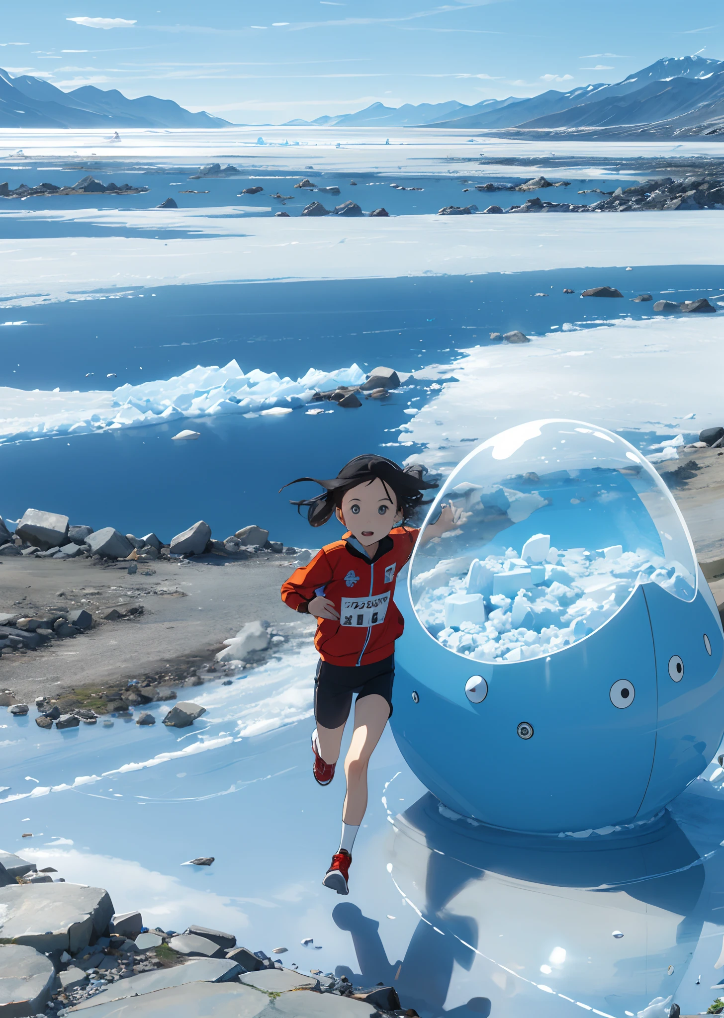 An 8--old ning on a glacier with flying saucers chasing her