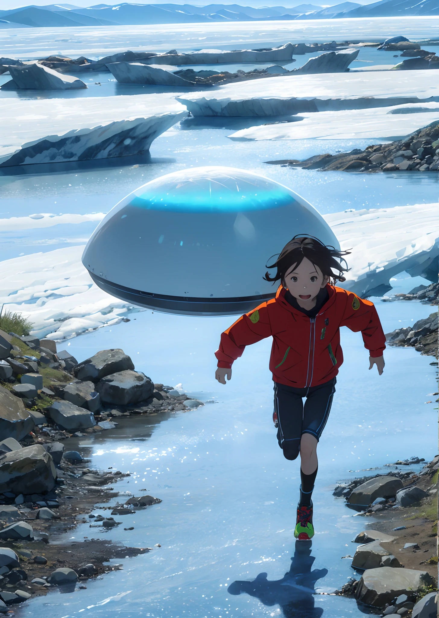 An 8-year-old running on a glacier with flying saucers chasing her