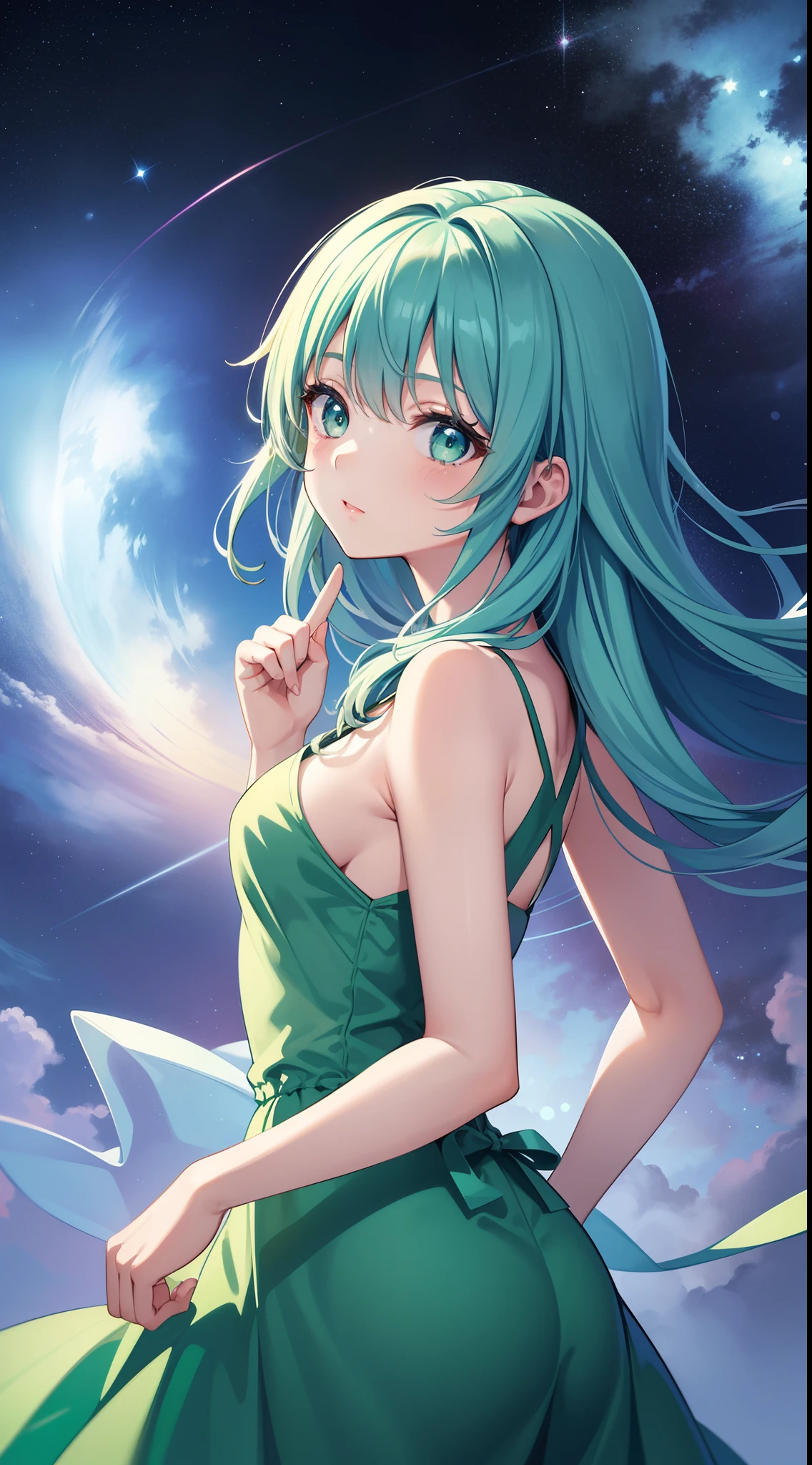 1 girl in、Long light blue hair、Twin-tailed、Green eyes、Drawn from a specific angle、Looking at the camera、delicate finger、beautiful ilumination、fuffy dress、Light green skirt,Stars are shining in the night sky(High resolution of the highest quality)、((Masterpieces of the highest quality:1.2))