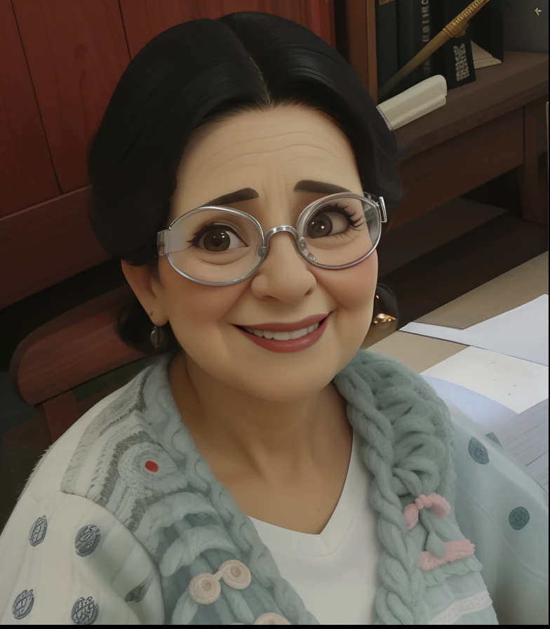 A 63-year-old grandma, morena com cabelos pretos longos, Um rosto redondo, um rosto redondo com um sorriso encantador, e olhos castanhos, wearing goggles, brincos pequenos nas orelhas, sentado em uma mesa com um livro de receitas