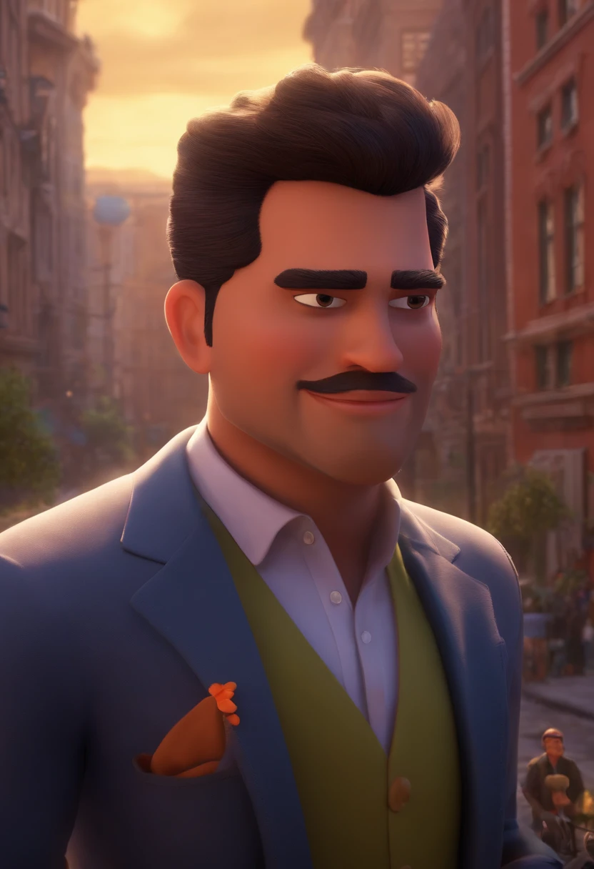 A city councilman looking at a dream project inspired by Pixar animation, de perto. The character takes center stage with captivating facial expressions, oferecendo um toque de irrealidade