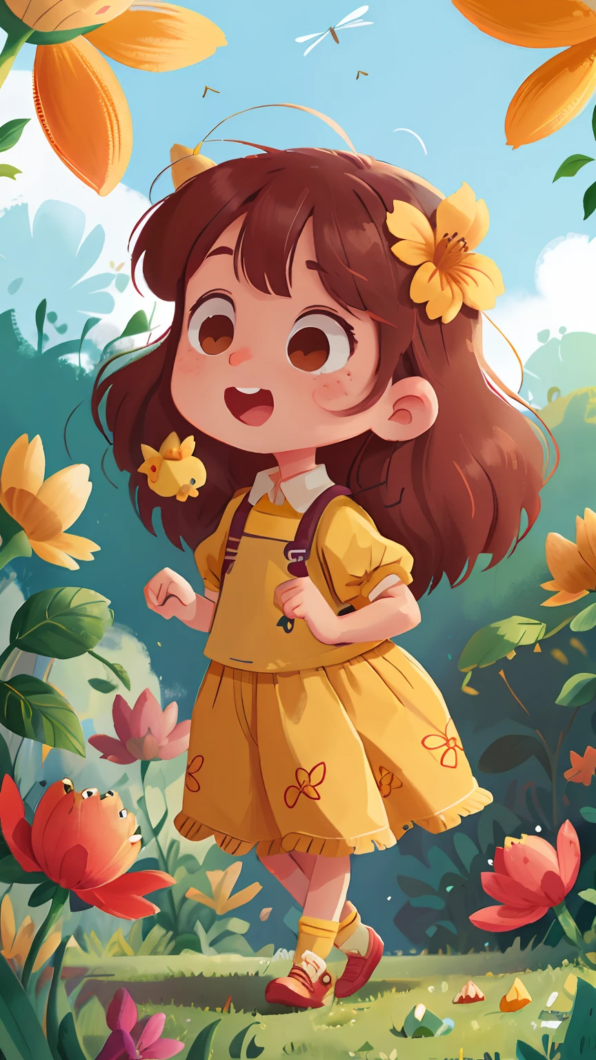 A very cute girl,A group of long-haired girls holding balloons,The meadows are full of flowers,Dance,Run with balloons,cheerfulness,Rejoice,Perfect quality,Clear focus(Clutter - home:0.8), (tmasterpiece:1.2) (realisticlying:1.2) (Bokeh) (best qualtiy) (detailedskin:1.3) (complexdetails) (8K) (detailedeyes) (Sharp focus),Surrounded by beautiful yellow flowers and nature. The illustration is a high-definition illustration in 4K resolution,With very detailed facial features and cartoon-style visuals.