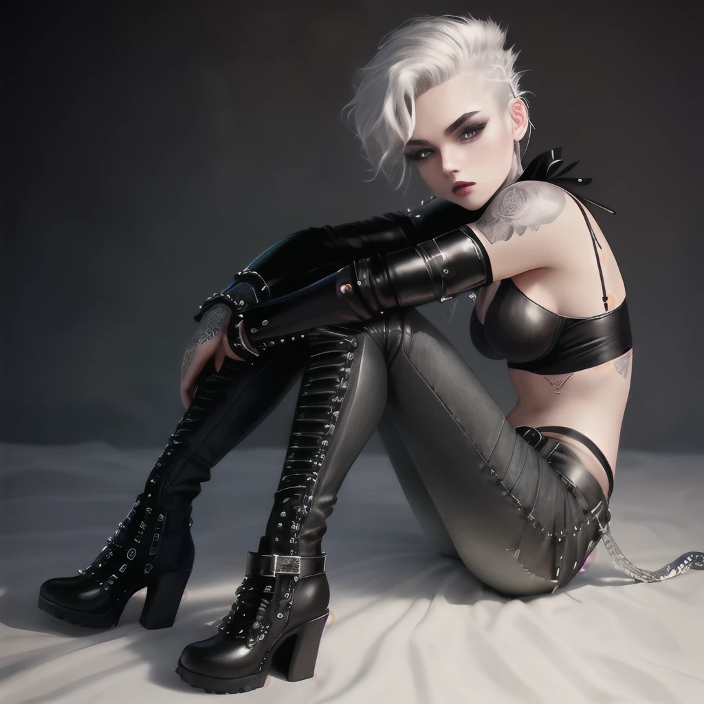 She, with tight black jeans, denim cut, with an aged effect. Rivets and studs distributed throughout the front seam. Side transparent meshes, about 3 centimeters long, going from the ankles to the waist of both legs; a top/bra, for the torso, white, made of synthetic leather, with a reptile texture, shiny, which contrasts perfectly with her dark, almost sinister makeup and highlights her cybergothic aesthetic. The top has a wide, silver zipper closure on the front and chain details. Finish off the design with adjustable silver shoulder straps that intertwine across your back. Finished off with black leather boots finished with a very pronounced toe, finished in shiny steel. High-heeled boots, above the ankle, with laces and two steel buckles, as well as the toe. His hair does not allow frills, because Bozy always has a boy's cut, with a small unmarked crest