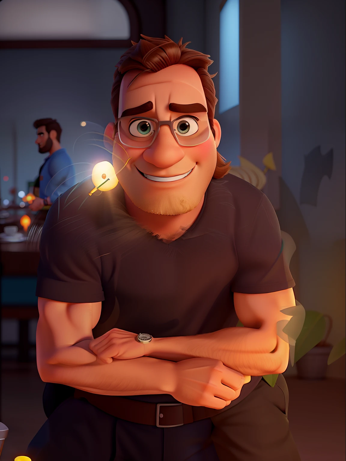 Poster no estilo Disney pixar, alta qualidade, melhor qualidade, homem sexy branco, 30 anos cabelo grisalho barba preta, musculoso, com fundo em um restaurante a luz de velas