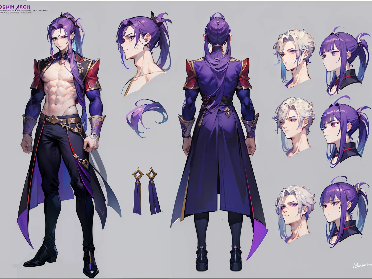 ((Masterpiece, Highest quality)), Male, boy, Detailed face, character design sheet, full bodyesbian, Full of details, frontal body view, back body view, Highly detailed, Depth, Many parts, Muscle boy with ponytail long purple hair,handsome man, muscle body, vampire outfit clothes, Genshin Impact, man tall, pectoral muscles, abs