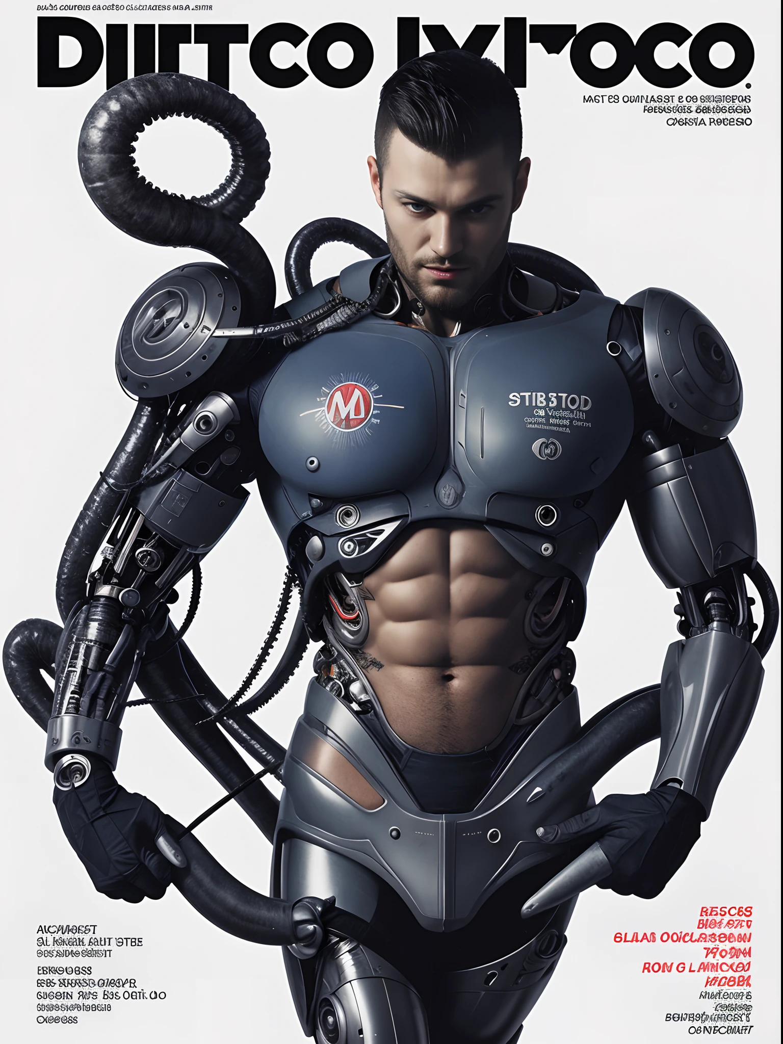 (male) Super cyborg, european male, magazine cover, poster art , Lovecraftian horror tattoos, hint of disco, bold huge text, matted design layout, strong, bold inking techniques