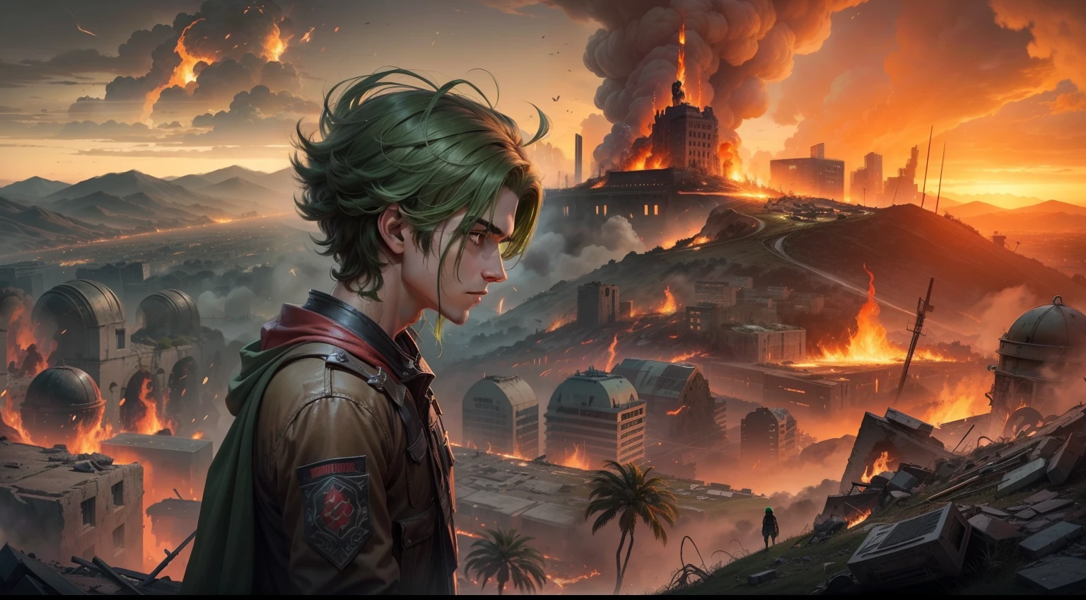 Descreva um personagem masculino de com cabelos castanhos e olhos verdes. He's on a hill, com um olhar meio triste, Observing a ruined city in an apocalyptic setting, With fire and destruction everywhere
