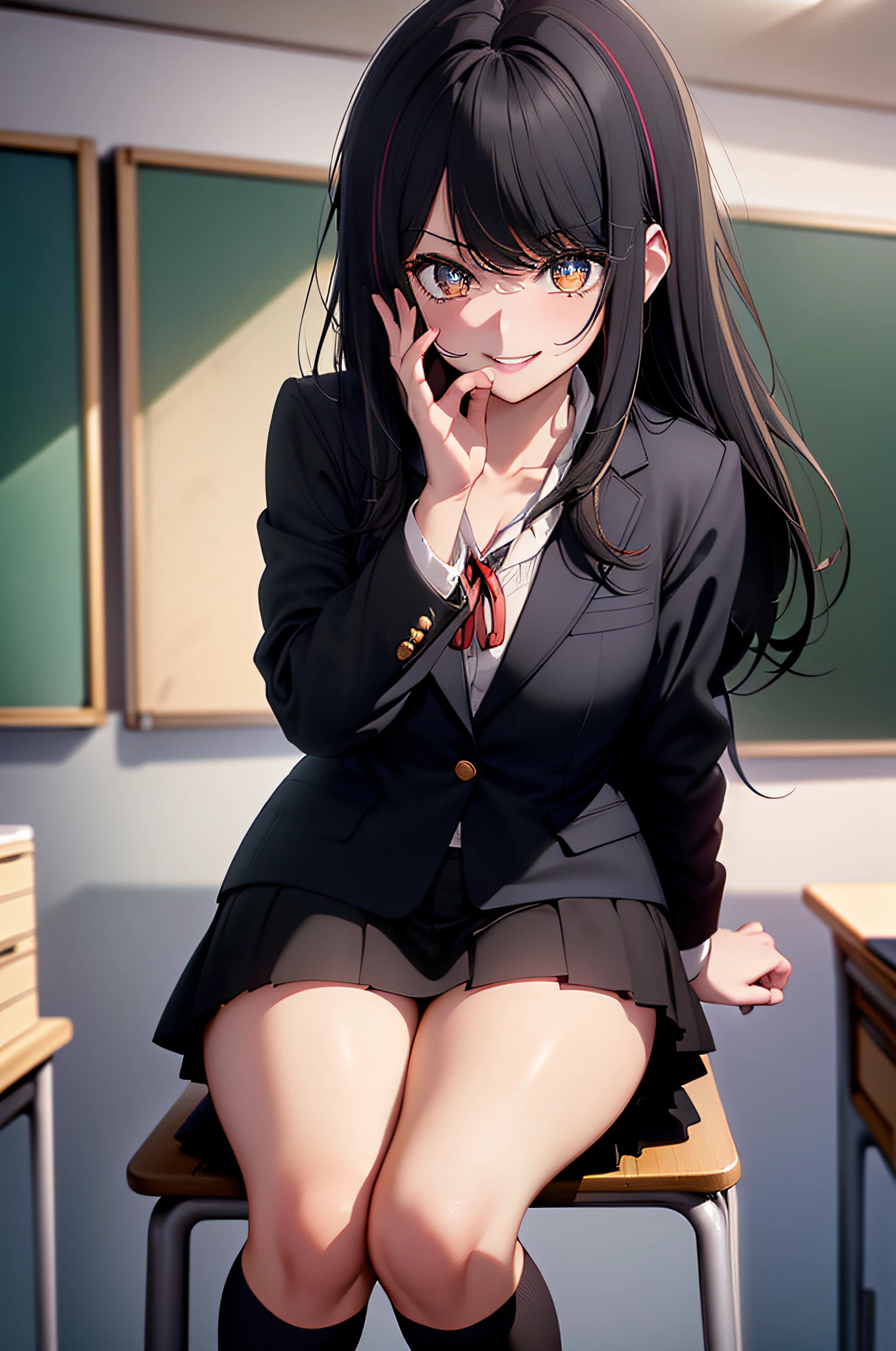 absurderes:1.8, ((beautiful clear eyes, sitting, spread legs, from below:1.3、twin tails, medium hair)), ((school uniform, blazer, blackskirt、loafers、showing panties, panties emphasis:1.6, red panties:1.4, classroom))、(1woman), Unity 8K Wallpaper, Masterpiece, detailed hair, highly detailed, , (wicked smile), (blush:1.3)
