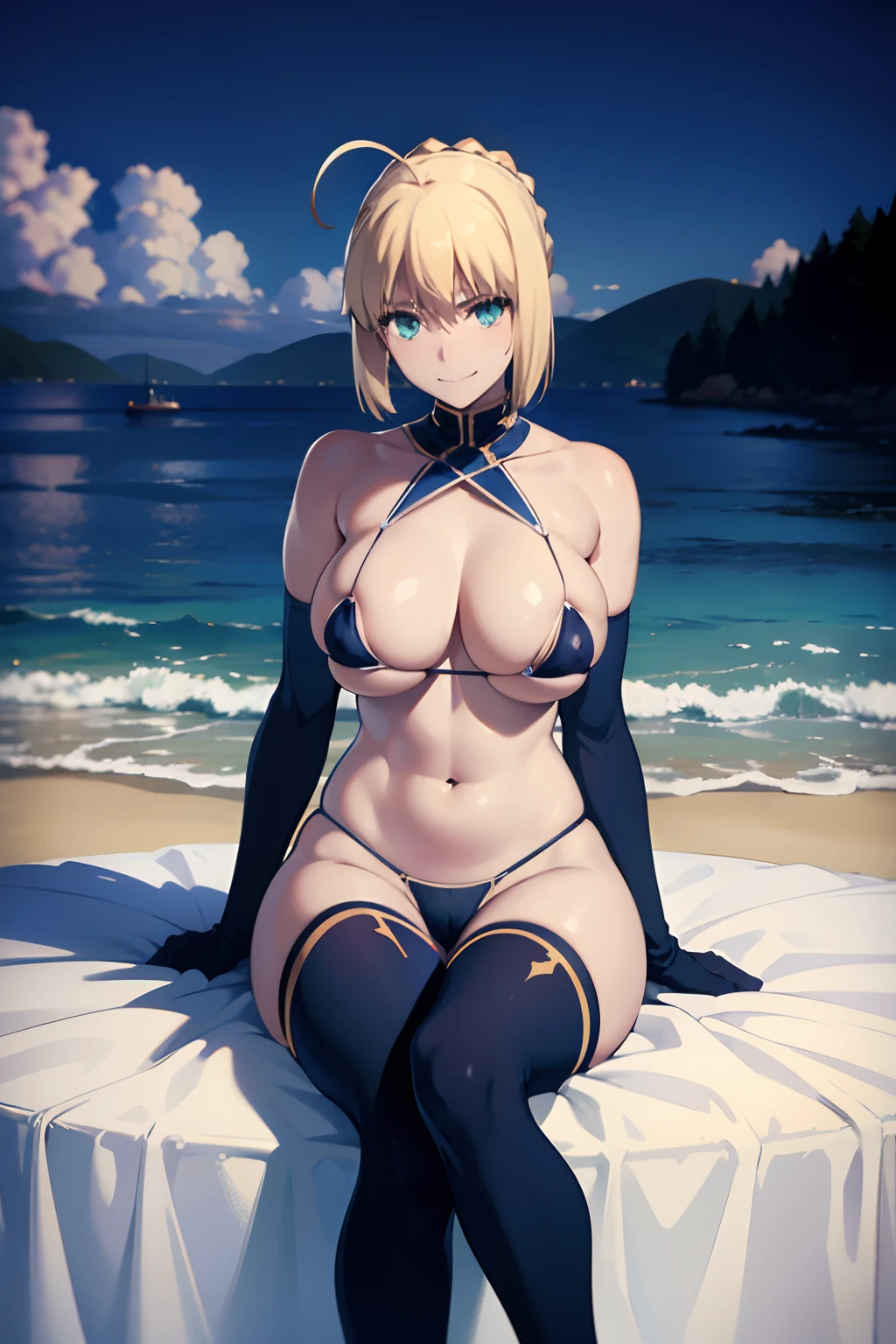 artoria、NSFW,Colossal tits、Photorealsitic、String bikini、Smile embarrassedly、Erotic body、overknee socks、gloves